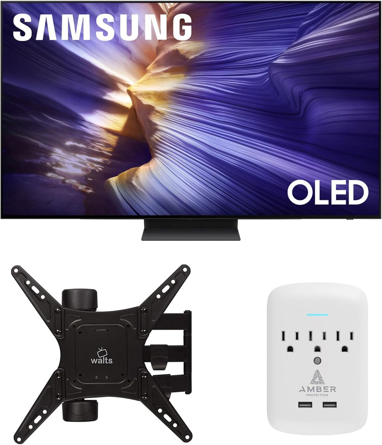 Samsung QN55S90FAFXZA 55 Inch 4K OLED Smart TV with a Walts Medium Full Motion Mount for 32-65 TVs and Amber Protection 3-Outlet-Surge Surge Protector (2025)