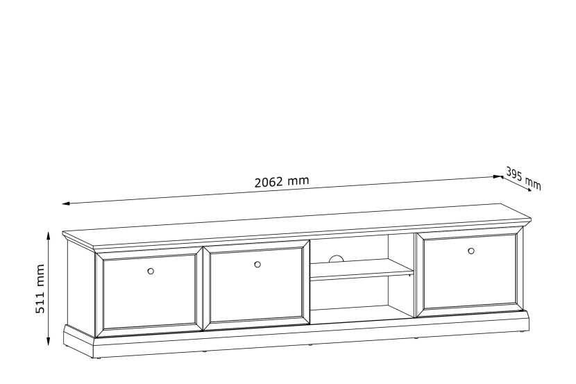 KONSIMO KATRIA Szafka RTV czarna, 3 szafki i 2 półki, szer. 206,2 cm