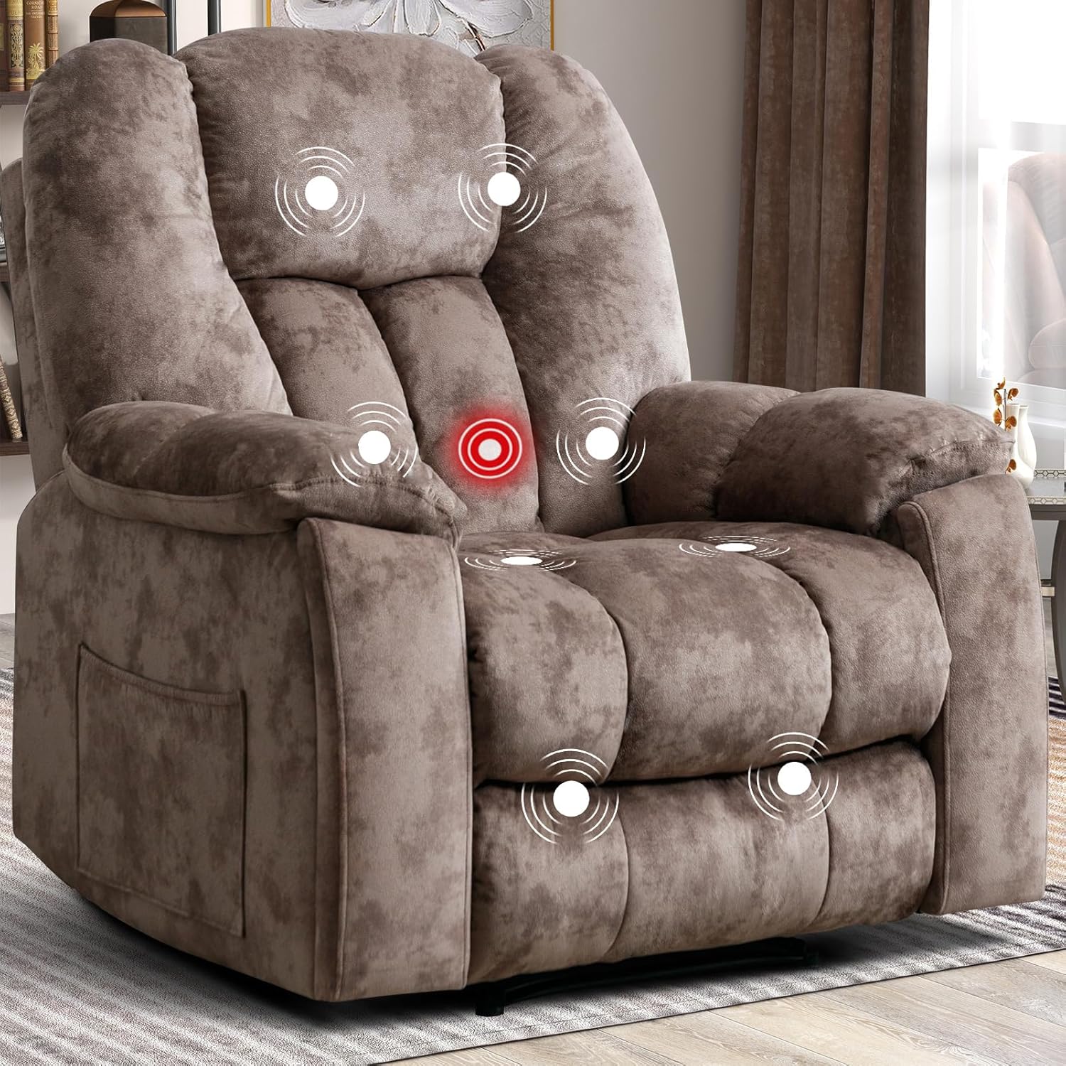CANMOV Manual Reclining Chair-Overstuffed Recliner Chair with Cup Holder Side Pocket Footrest Fabric Recliners for Living Room Bedroom, Apricot