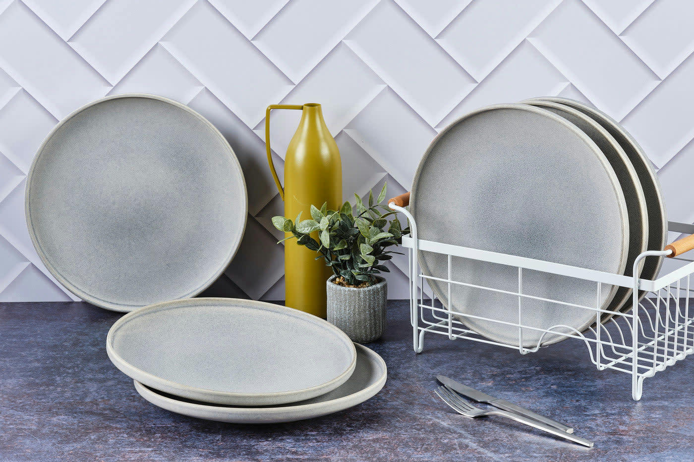 REACTIV - Lot de 6 assiettes plates en grès gris D27.5