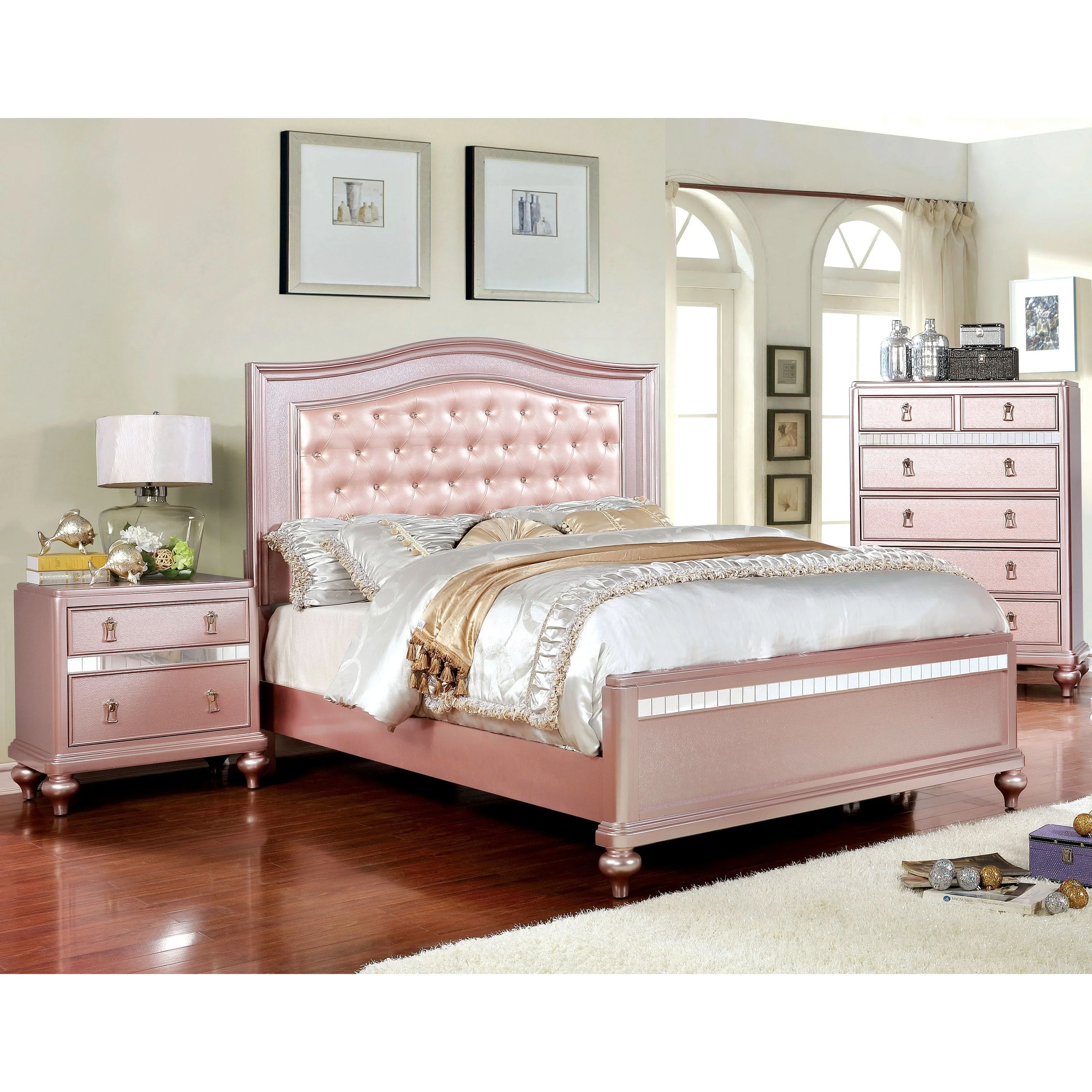 Gibson Transitional Rose Gold Wood Button Tufted Kid Panel Bed with Padded Faux Leather Headboard by Silver Orchid