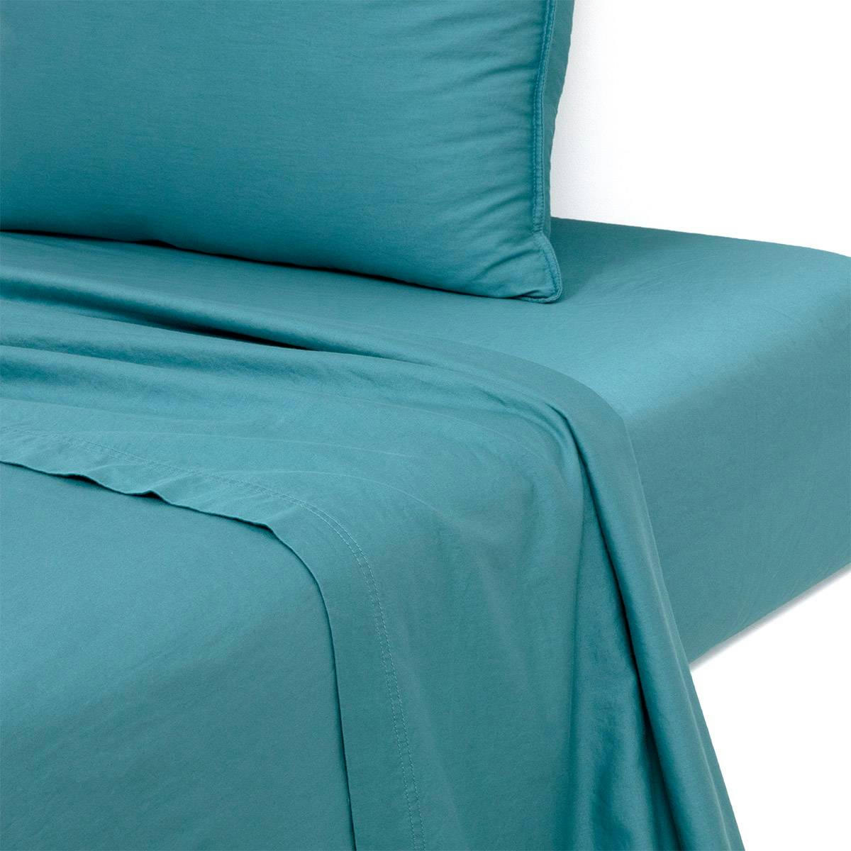 PALERME - Drap plat en satin de coton lavé bleu 180 x 290 cm