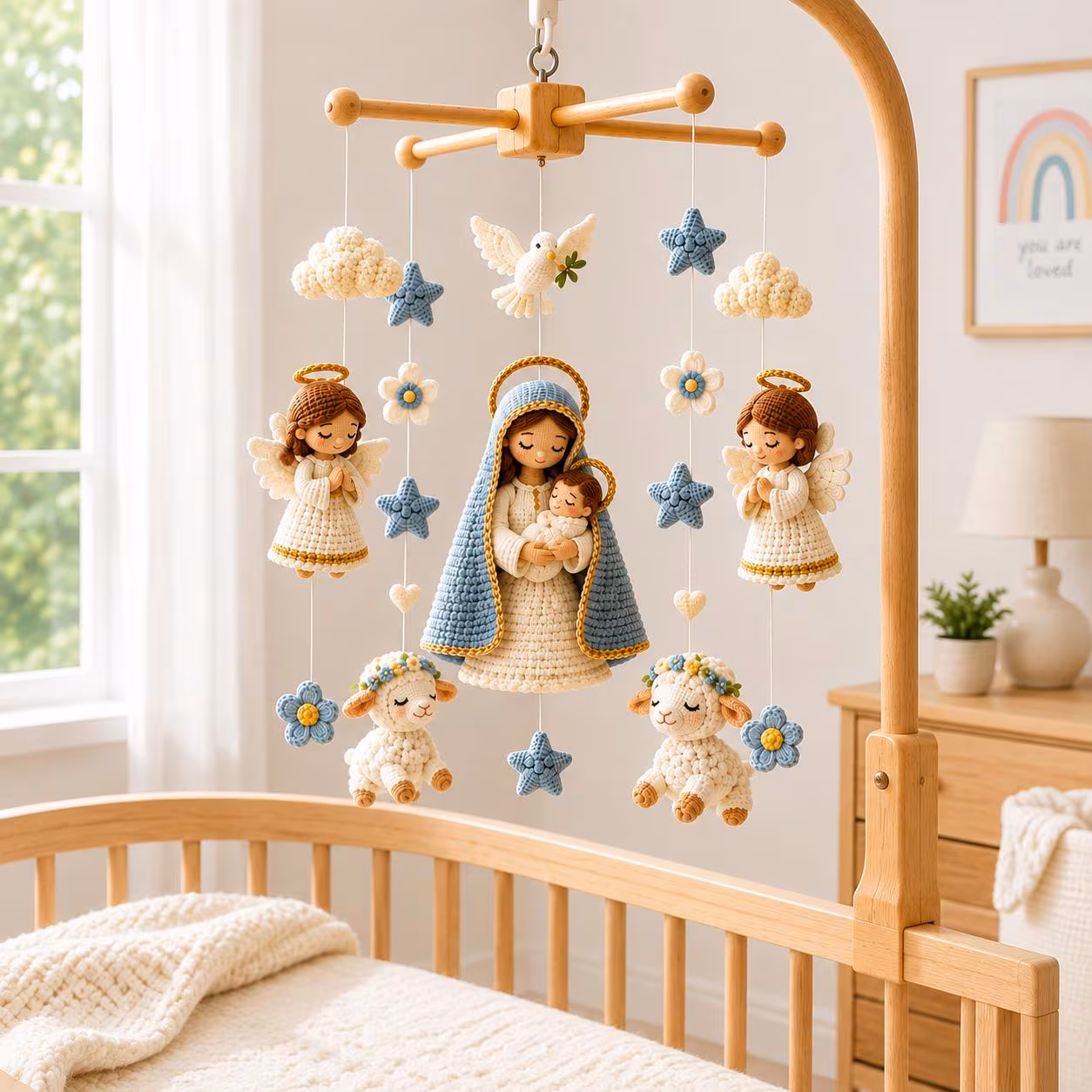 Crochet Virgin Mary Baby Mobile, Catholic Nursery Decor, Crochet Nativity Angel Lamb Crib Mobile, Baptism Gift, Christian Baby Shower Gift