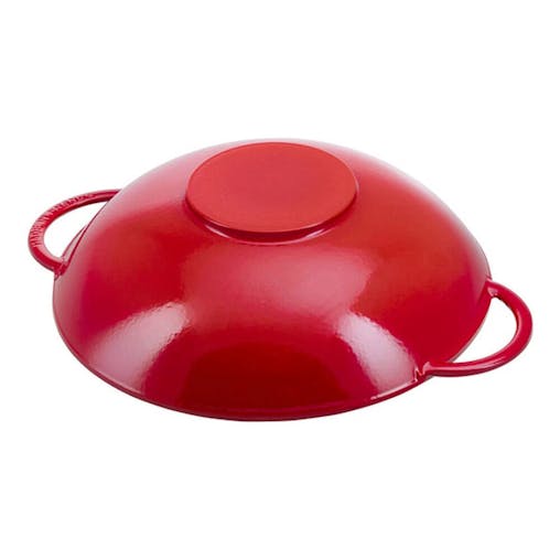 Staub Enamelled 37cm Cast Iron Wok w/ Rack Insert & Glass Lid Red