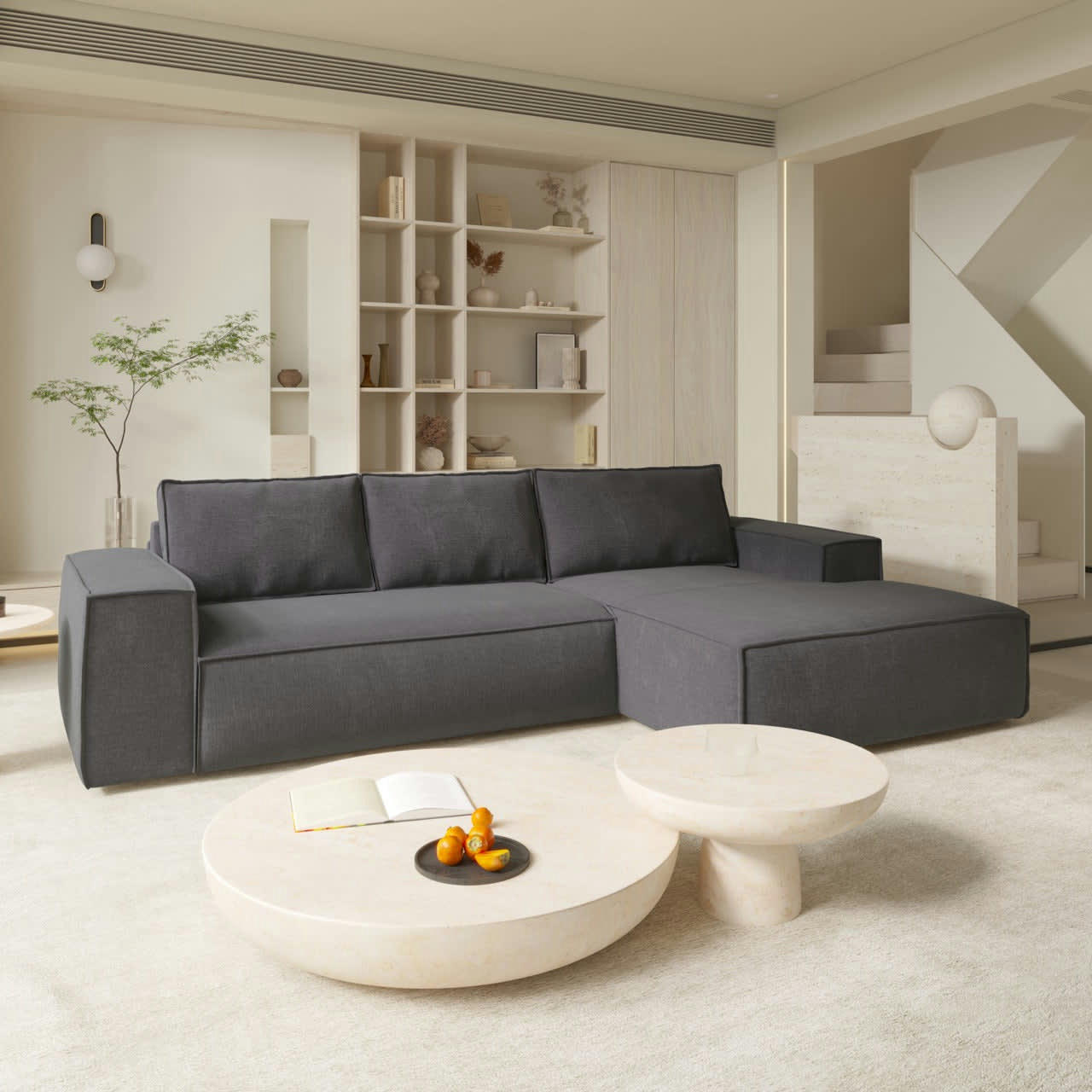 JOAN - Canapé convertible angle droit dunlopillo velours texturé gris 140cm