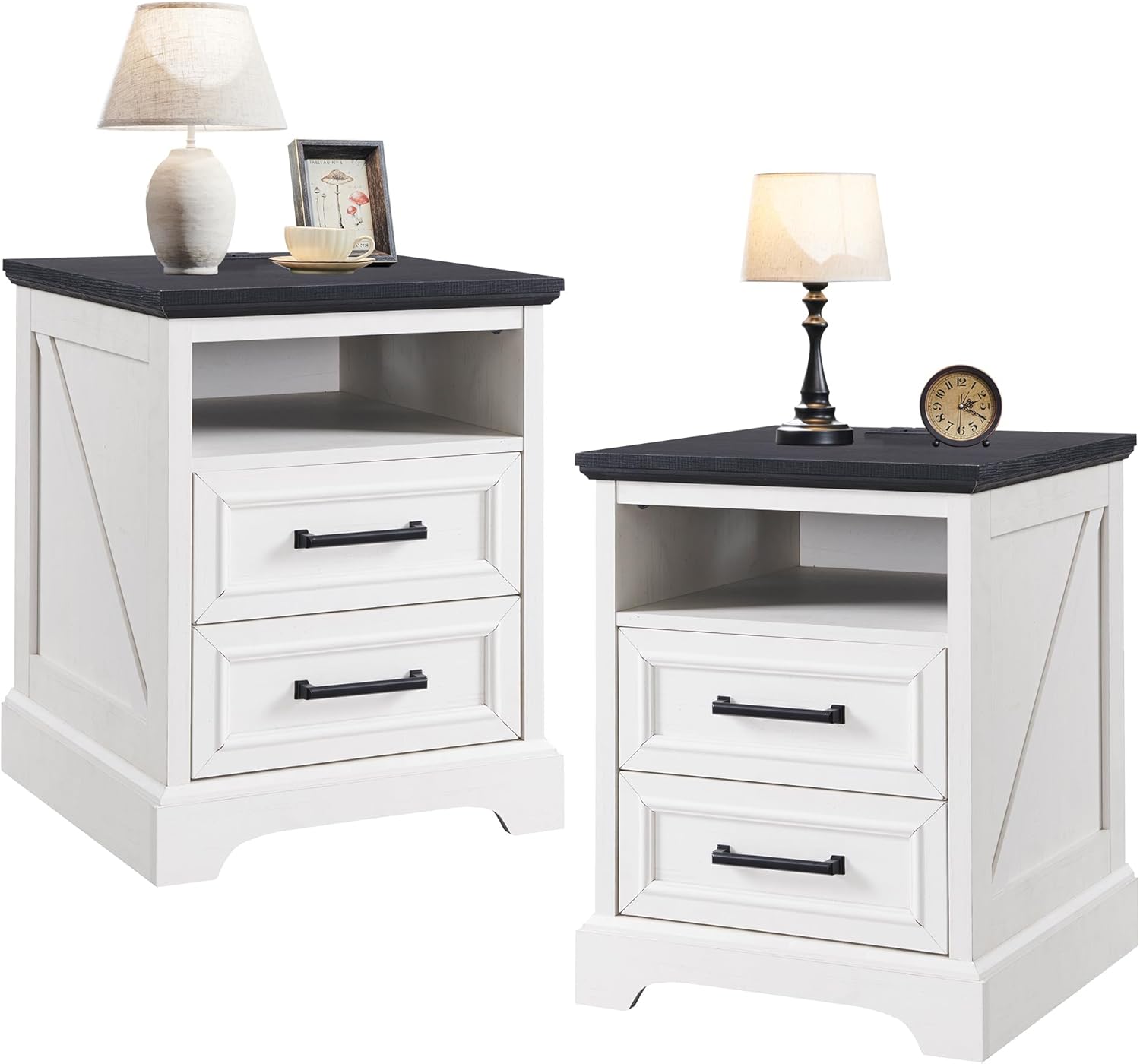 ACCOHOHO 18 Farmhouse Nightstand Set of 2 with Charging Station,End Table with 2 Drawers Storage,Side Table,Bedside Cabinet for Bedroom,Living Room, Withe