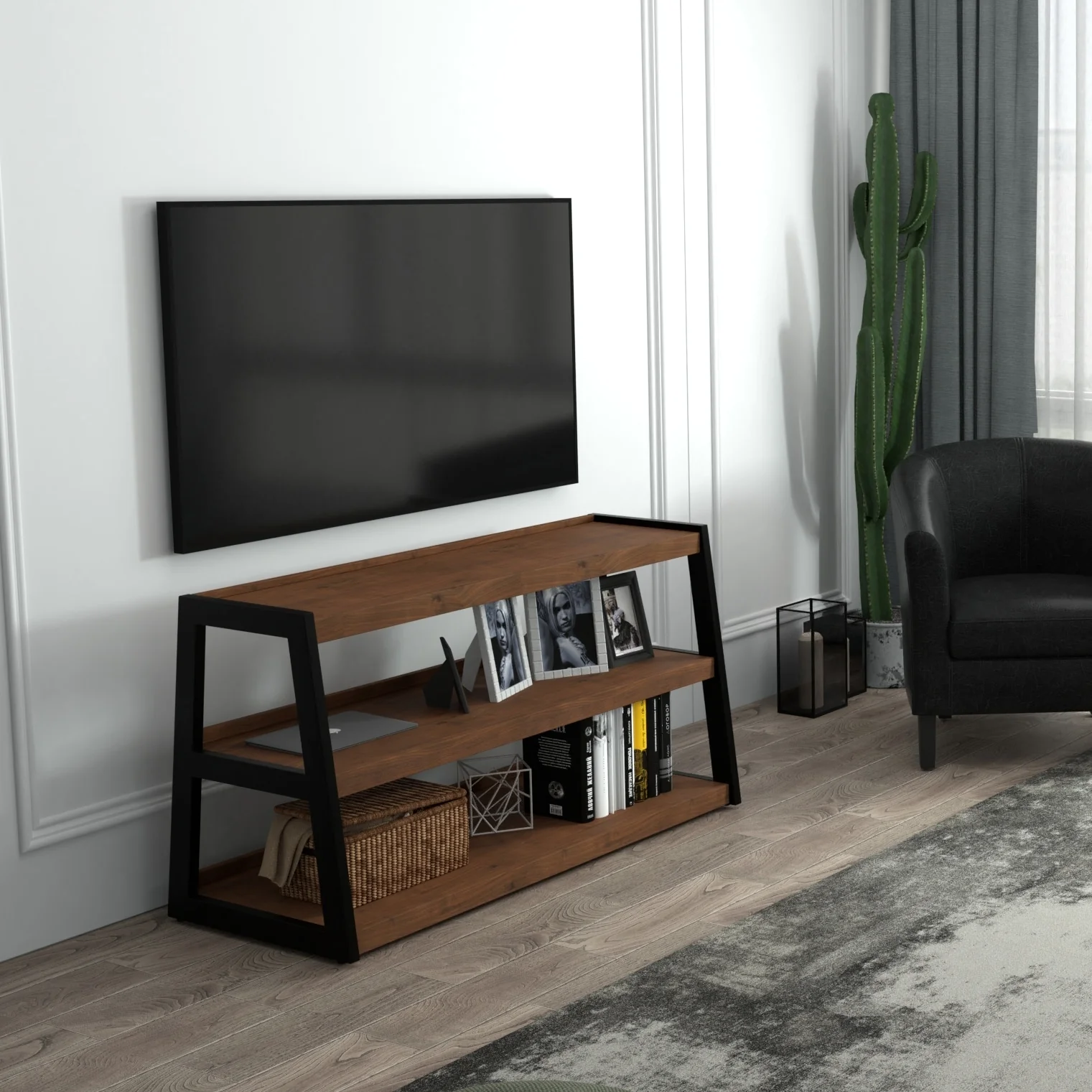 WYNDENHALL Hawkins 47.6 inch Wide Industrial TV Media Stand in WALNUT WOOD For TVs up to 50 inches - 20 D x 48 W x 26 H