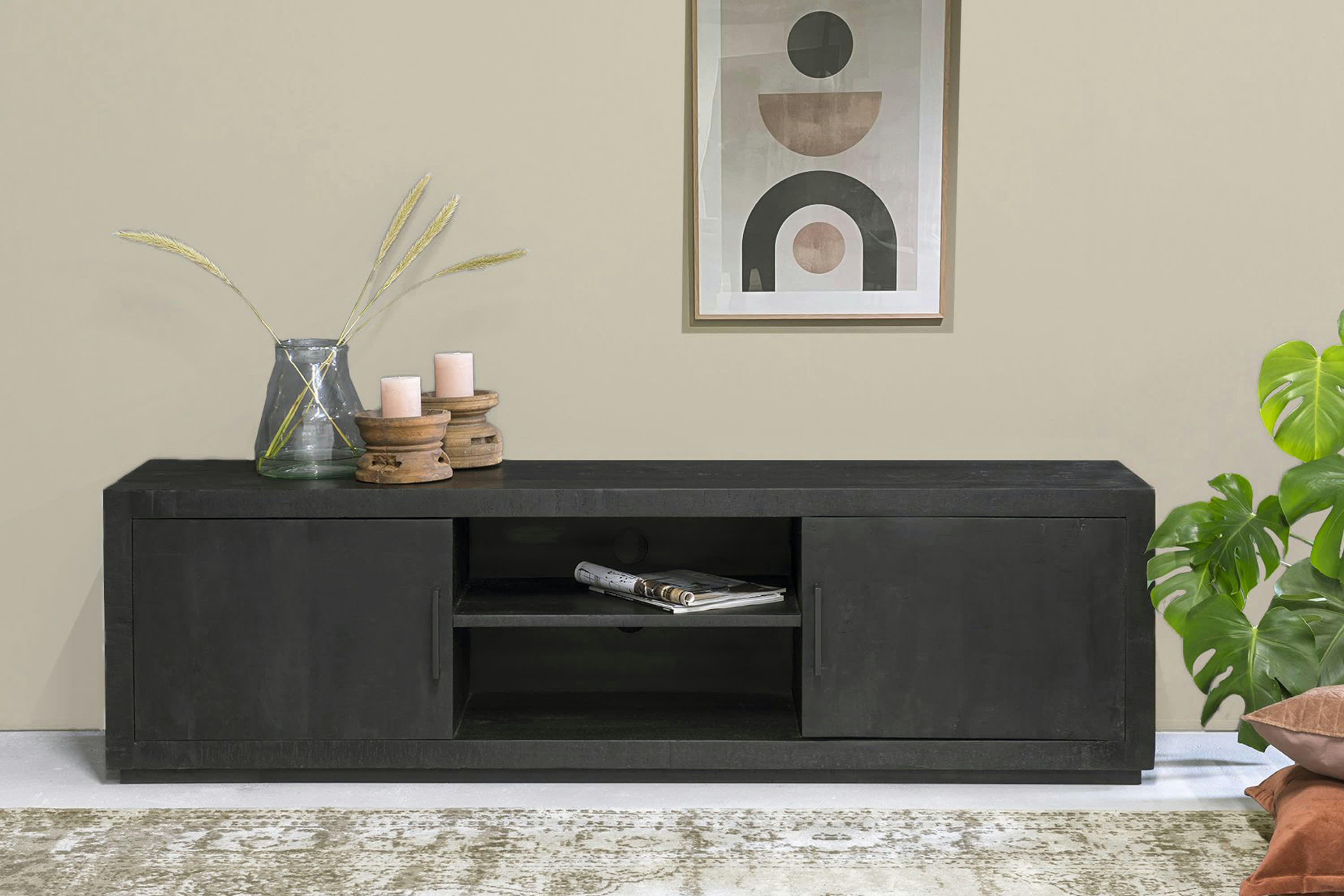 ANDUZ - ANDUZ-Meuble TV 2 portes L180cm en Manguier massif noir