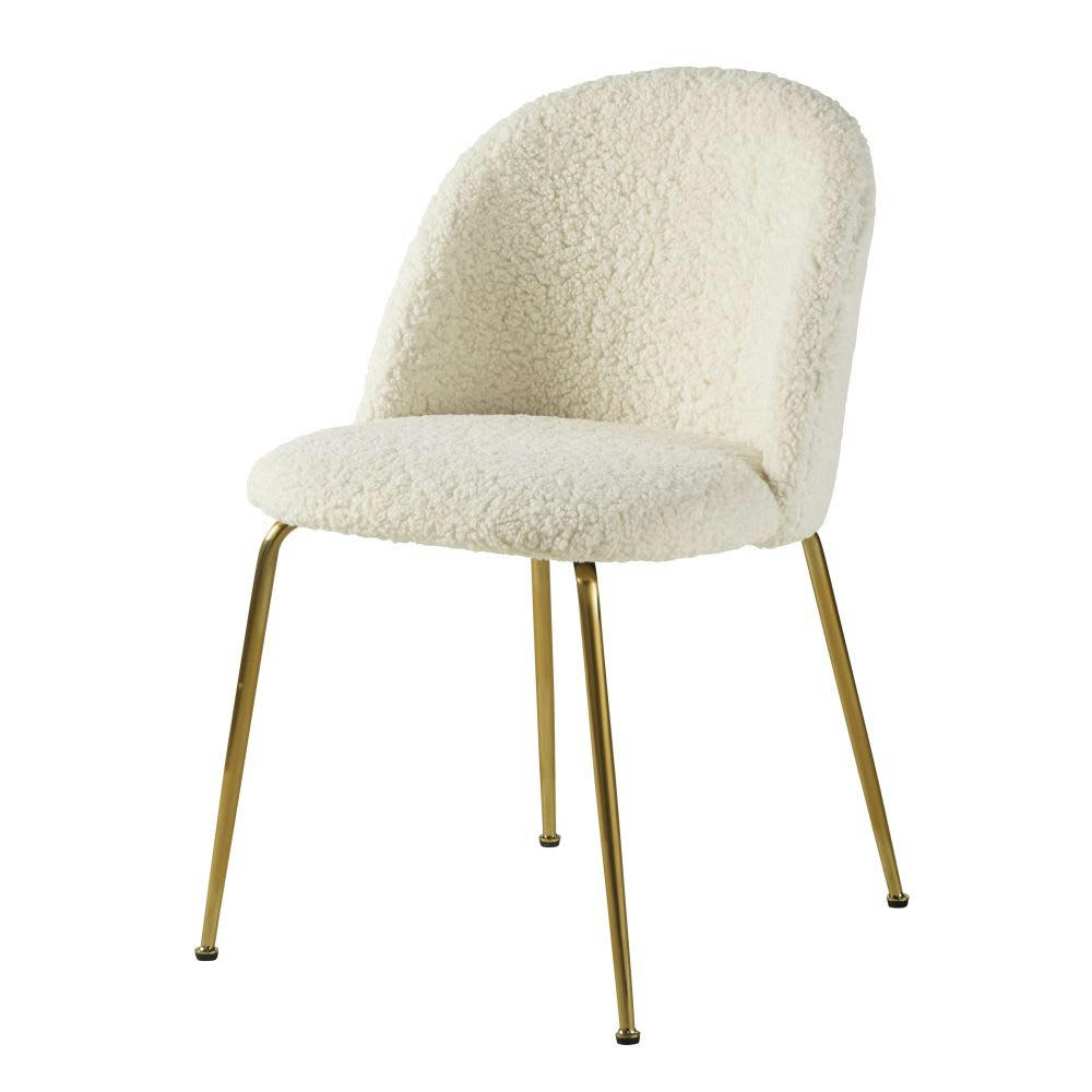 Ginette - Chaise à bouclettes blanches et métal chromé doré