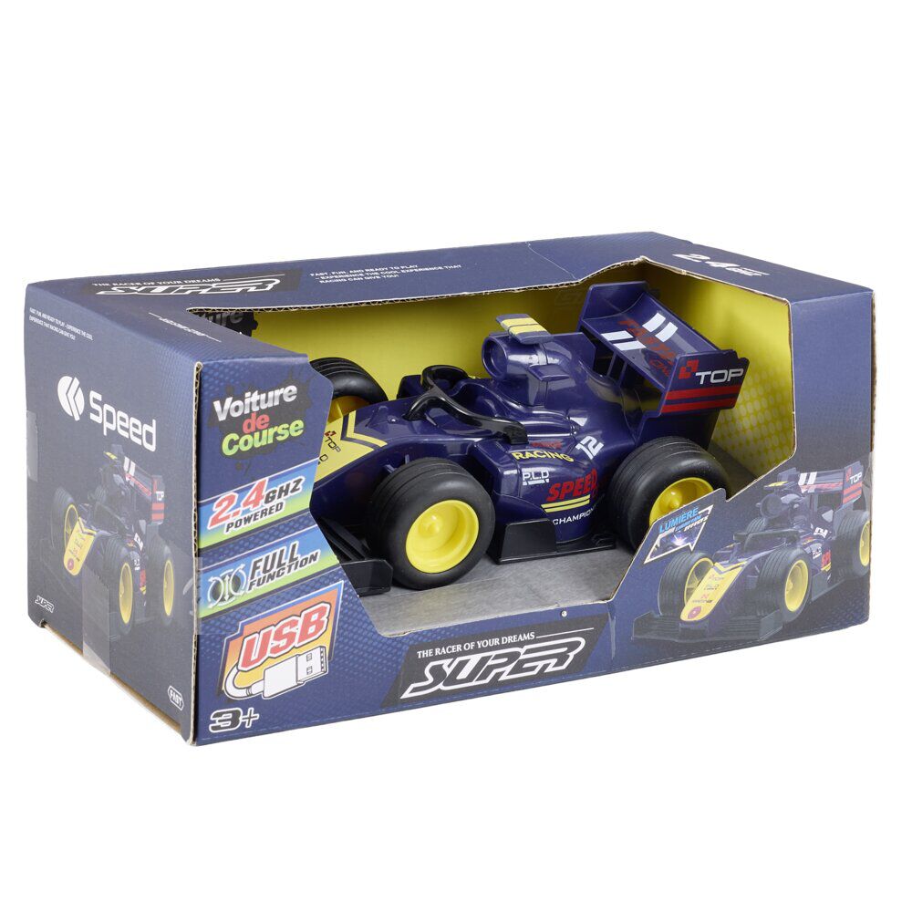 Voiture F1 télécommandée lumineuse bleu 17,5x10,5xH10cm