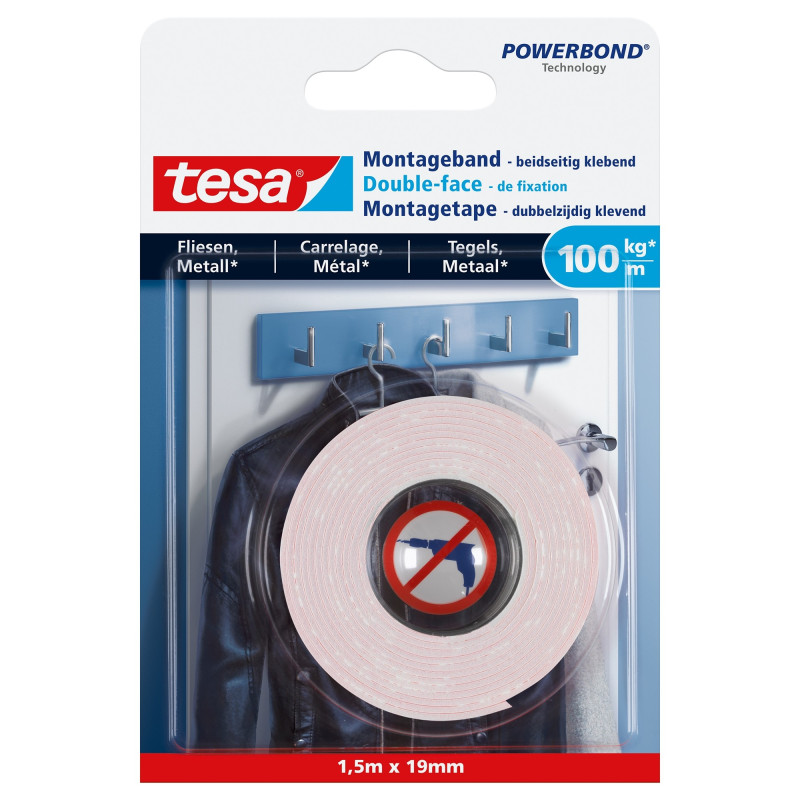Double-face de fixation pour carrelage et métal Powerbond 1,5 m x 19 mm TESA