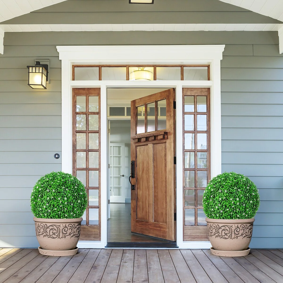 Gymax 2 PCS Artificial White Flower Grass Topiary Balls 19'' Faux