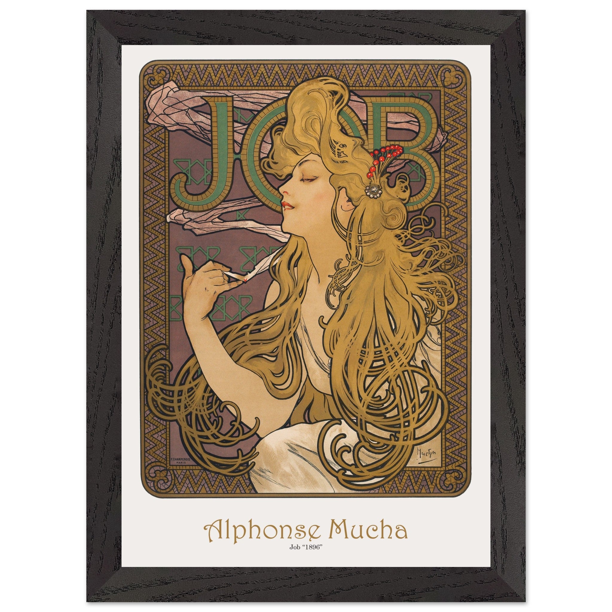 Artfulprints Poster met Lijst Alphonse Mucha - Job  - A4 21x29.7 cm - Bruin