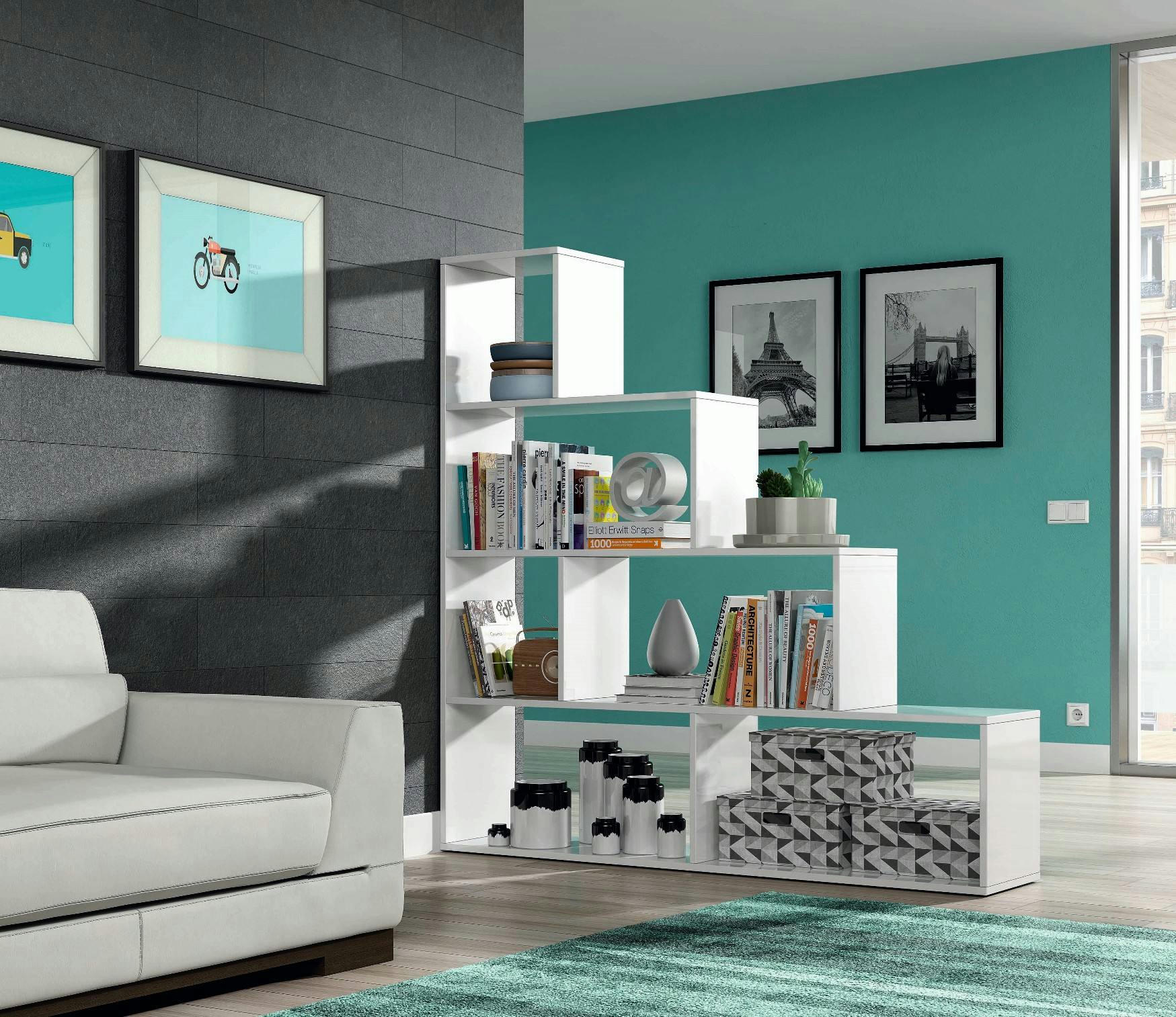 VANCOUVER - Bibliothèque 6 étagères effet bois blanc brillant