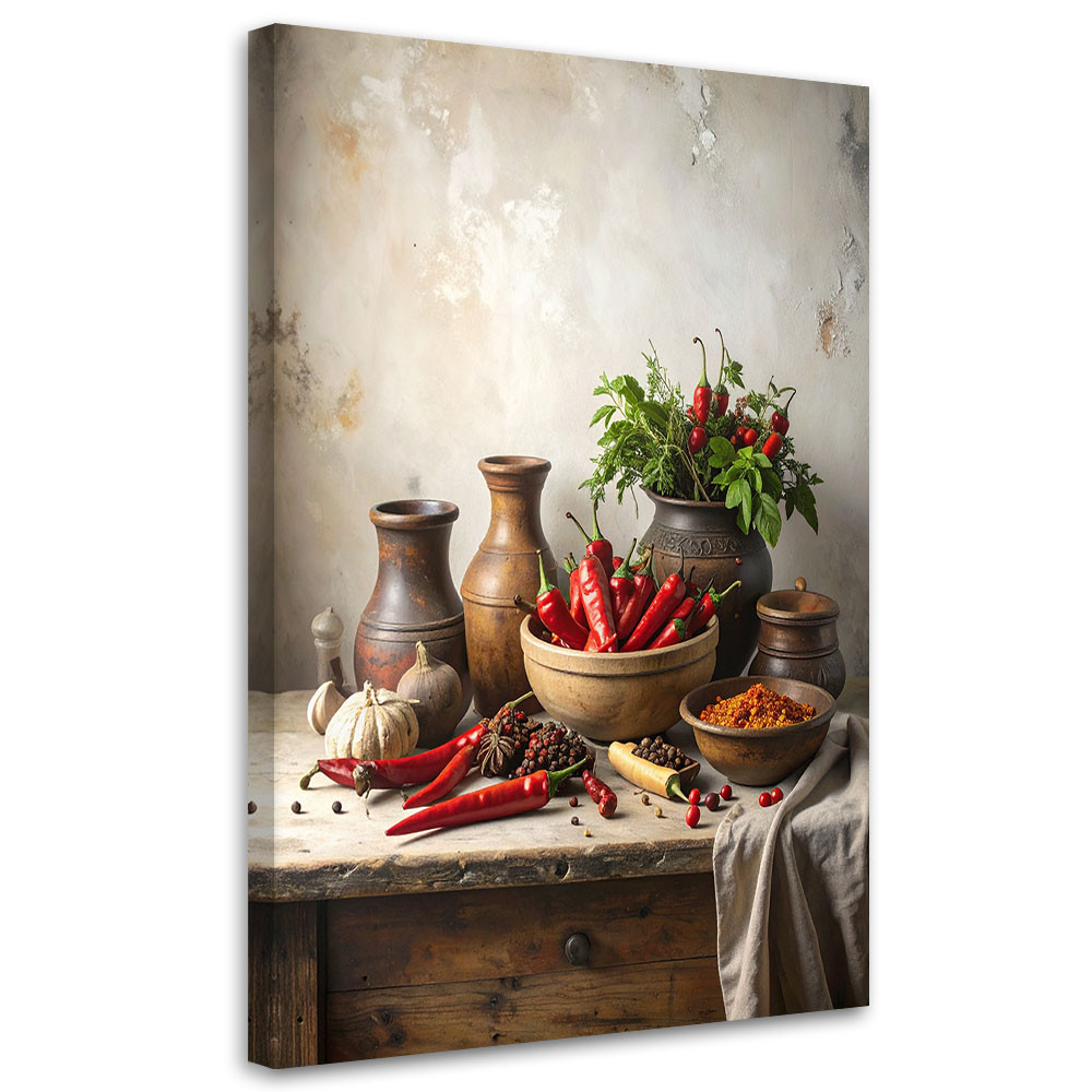 Obraz do kuchni jadalni restauracji, Papryczki chili czosnek dzbanki 20x30