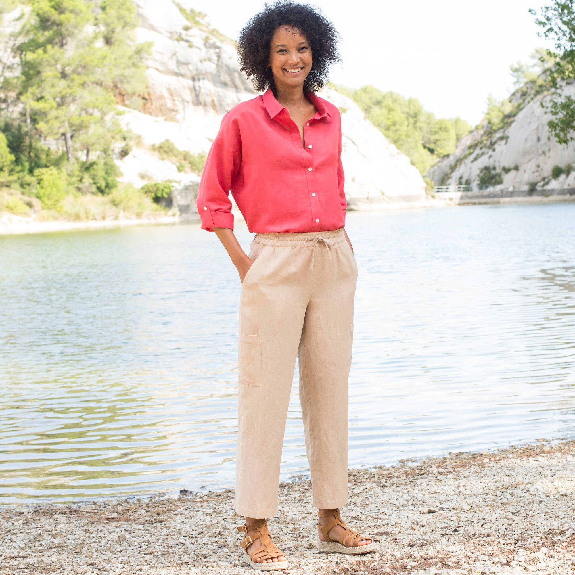Chemise en coton-lin, manches longues retroussables