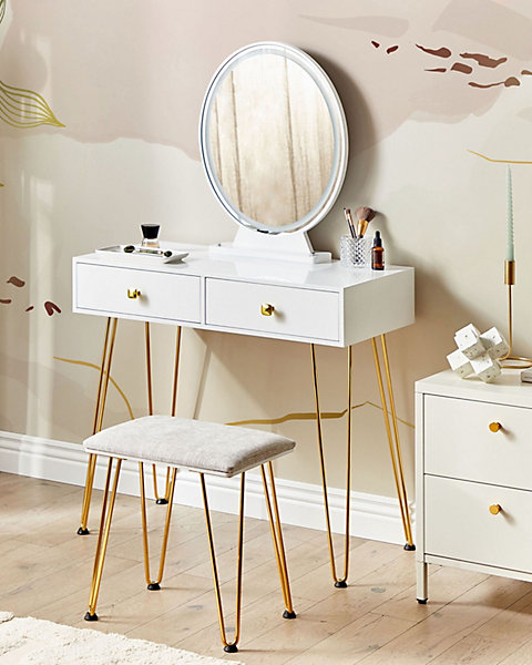 Coiffeuse avec miroir et tabouret CAEN LED Blanc
