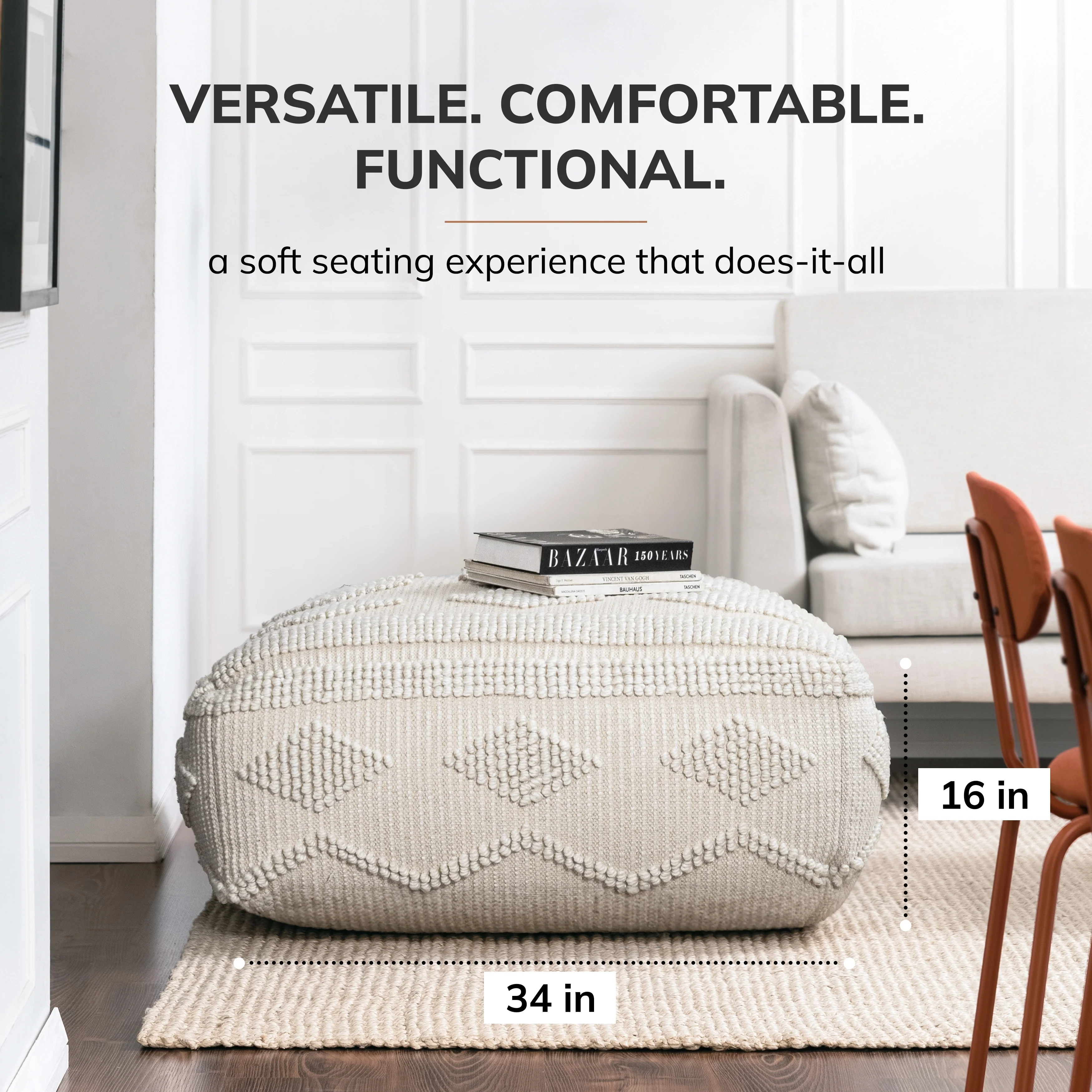 Jani Maverick 34-inch Ivory Oversized Square Pouf Ottoman - Modern Footrest for Living Room, Bedroom