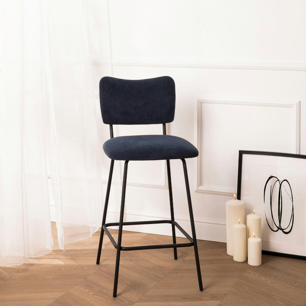 VANDER - Lot de 2 chaises de bar en velours côtelé et métal 65cm ardoise