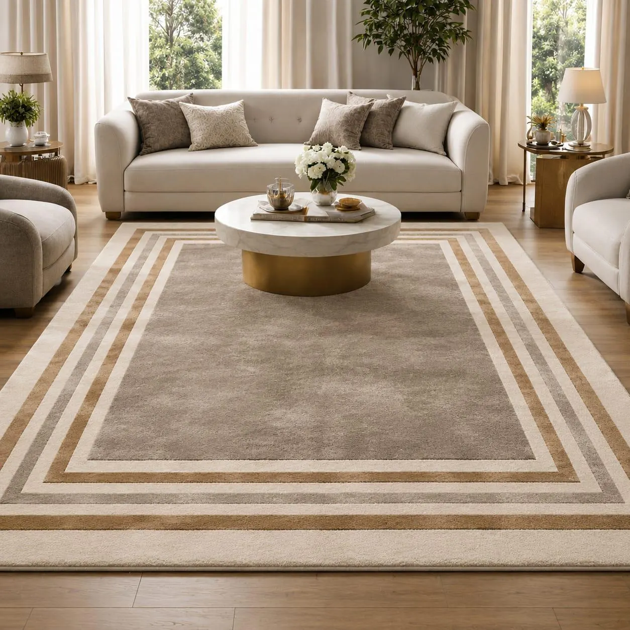 Handtufted Beige Area Rug, Modern Border Carpet, Neutral Minimalist Rug, Luxury Living Room & Dining Room Rug, Custom size rug,