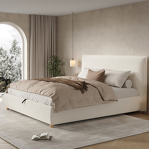 Lit coffre capitonné 180x200 cm - Tête de lit capitonnée - Rangement sous le lit - Pieds en bois massif - Tissu bouclé - Blanc