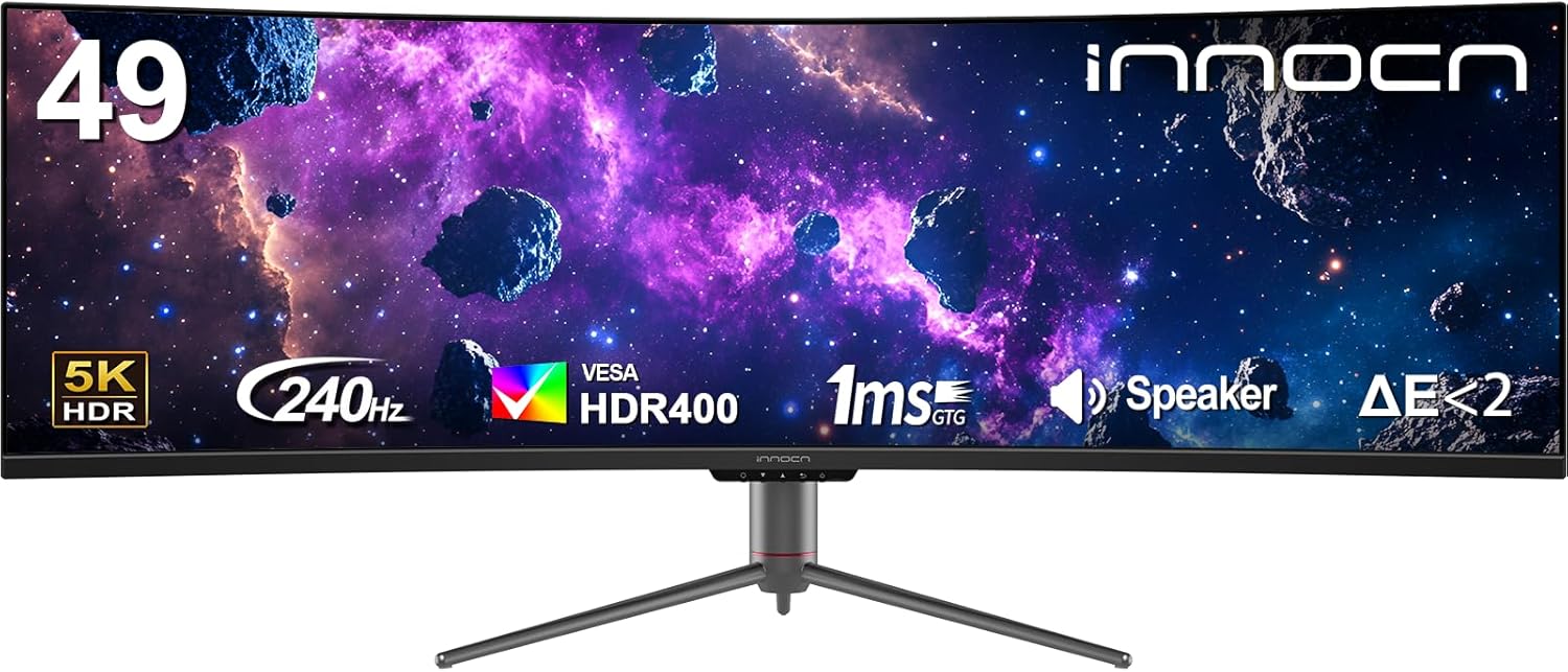 INNOCN 49 240Hz Curved Monitor Ultrawide Gaming QHD 5120 x 1440P Computer Monitor  R1800  99% sRGB  HDR400  USB Type C  DisplayPort  HDMI  Built-in Speakers  Height/Tilt Adjustable - 49C1S