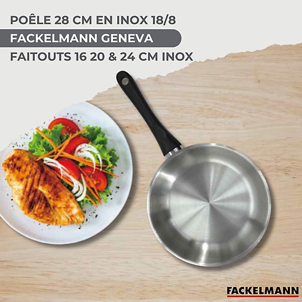 Lot Poêle 28 cm Fackelmann Généva et 3 Faitouts en acier inoxydable 16/20/24 cm et 5 ustensiles