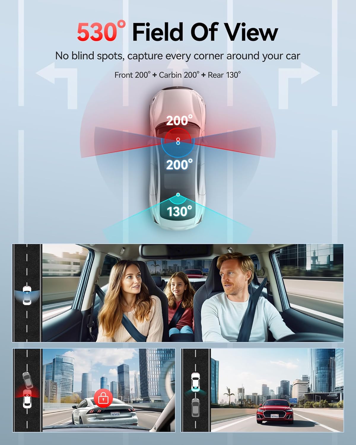 REDTIGER 530° Dash Cam 3 Channel  2.5K+2.5K+1080P Triple Car Camera with 128GB Card  IR Night Vision  Touch Screen  Dashcam for Front Inside Rear Included WiFi GPS  24H Parking Mode