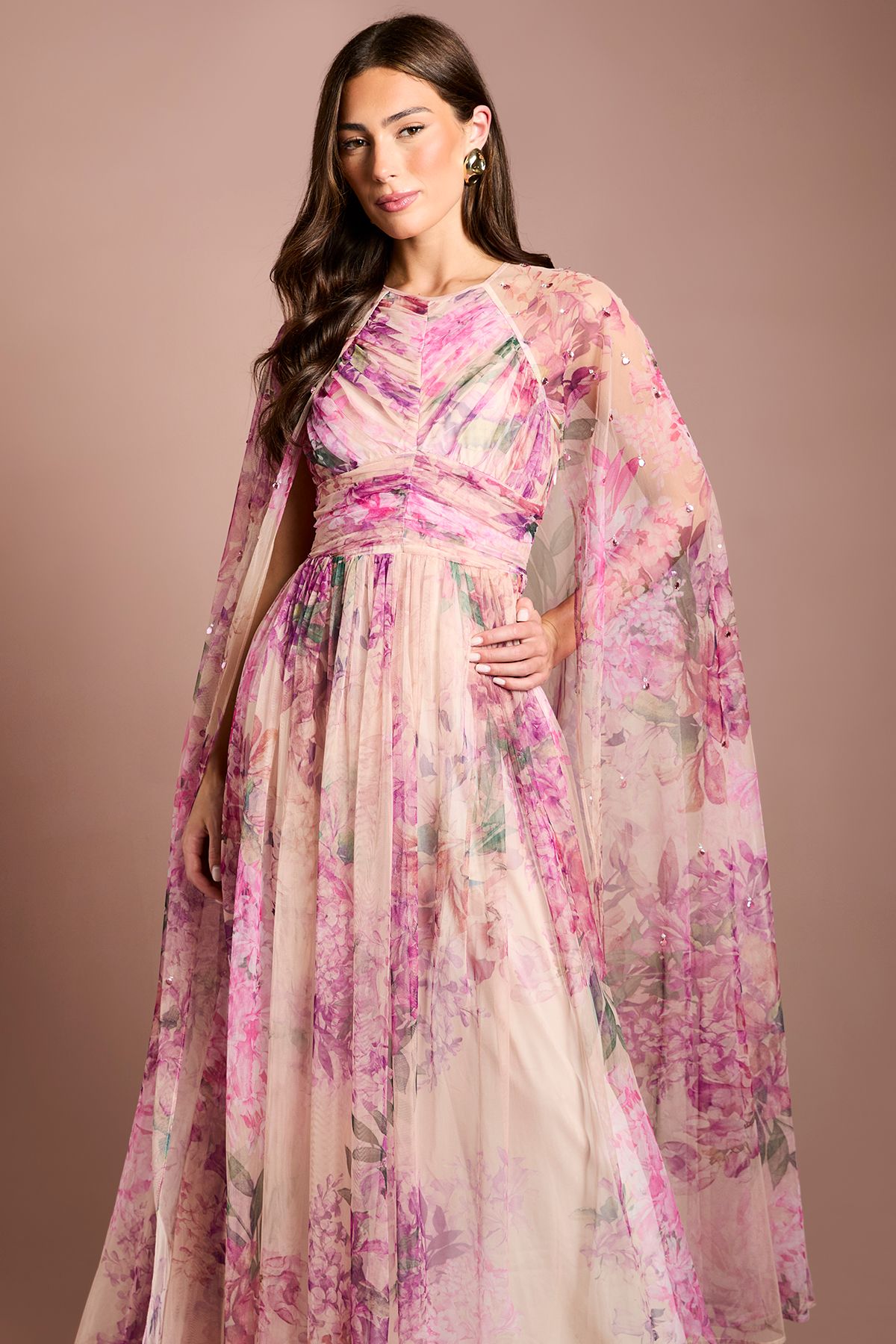 Coast Petite Pleated Mesh Printed Cape Maxi dress With Gemstone
