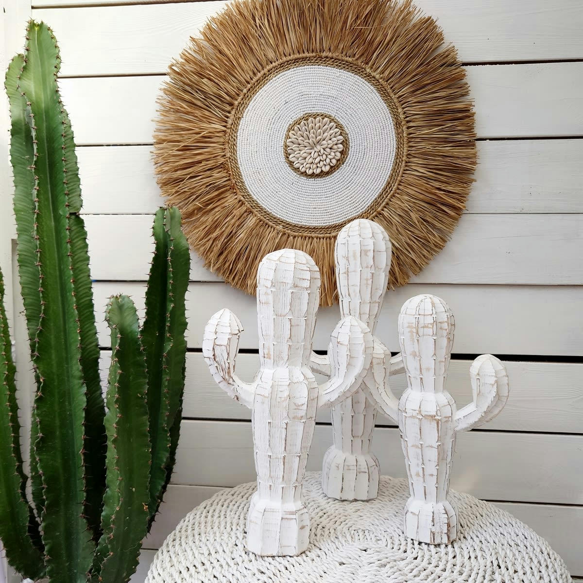 ZARA - Cactus en bois sculpté, blanc H40 cm