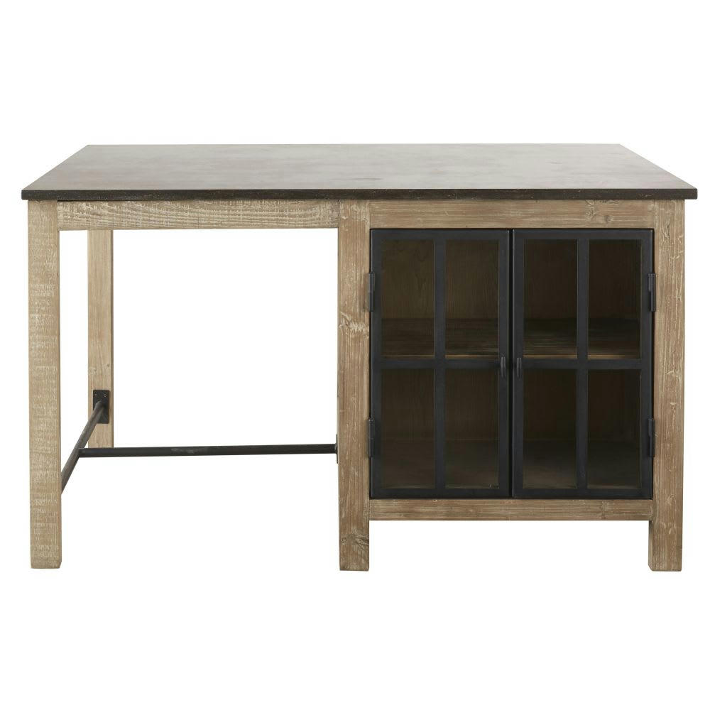 Greta - Îlot central cuisine 2 portes vitrées en pin recyclé grisé