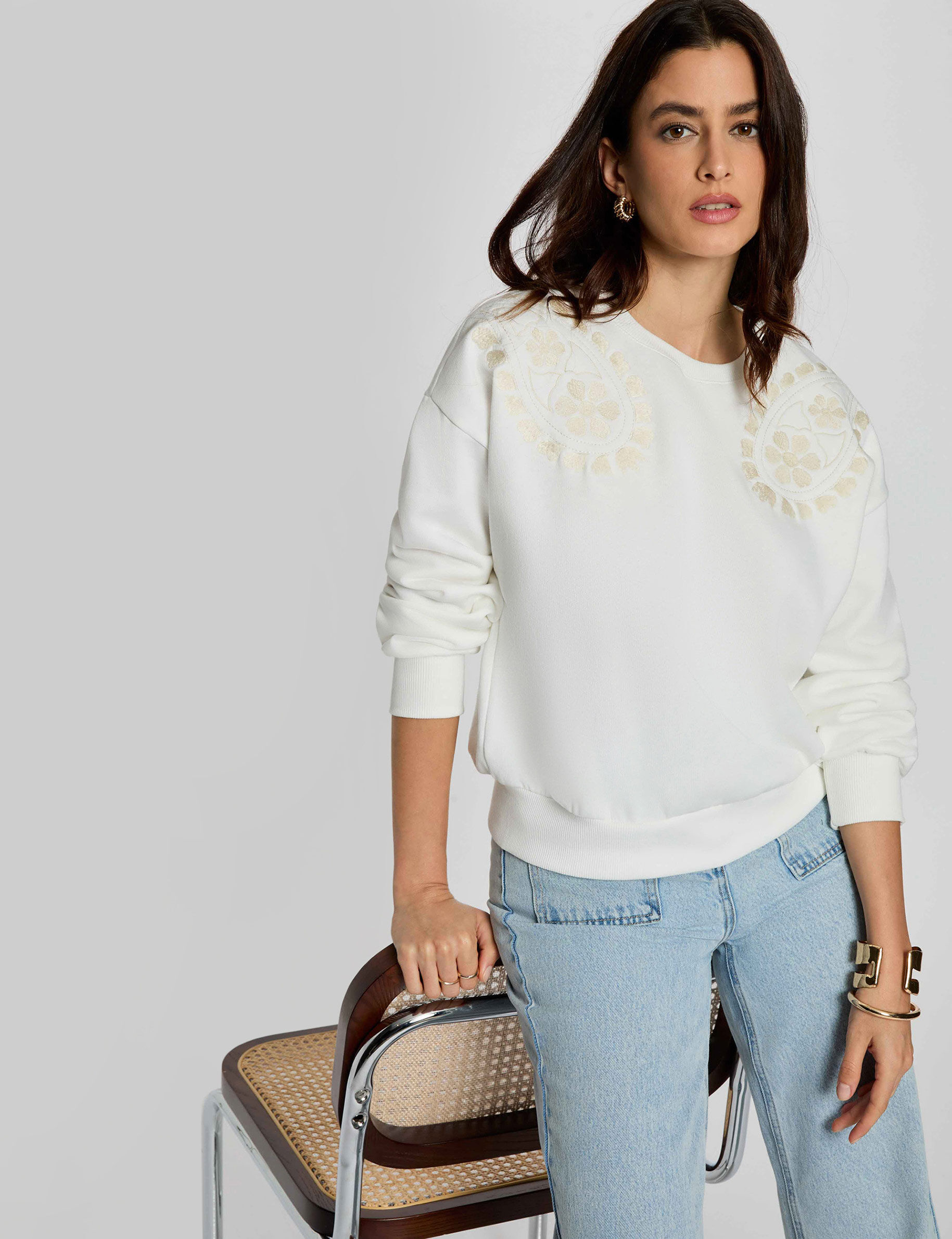 Embroidered Knit Sweater White Women