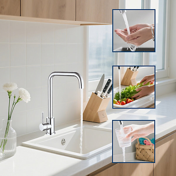 Mitigeur de cuisine, pivotant 360, forme L, acier inoxydable, chrome poli, monolevier, 1 trou