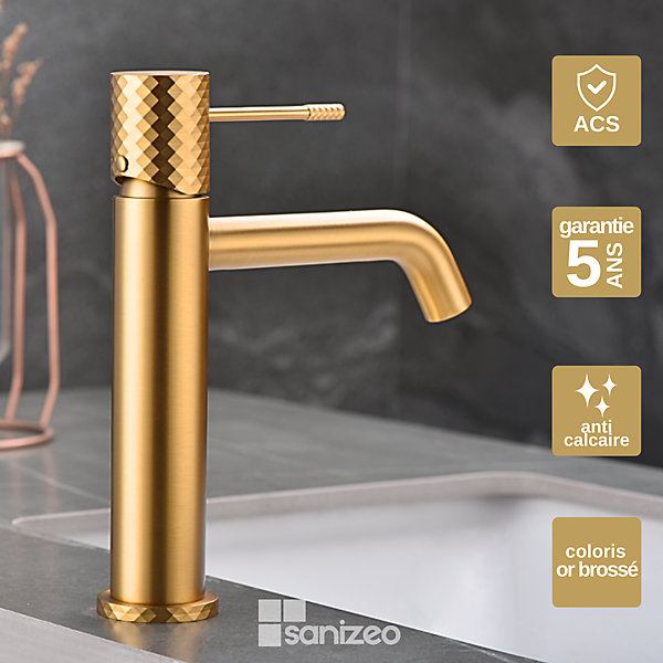 Mitigeur de Lavabo Anti-Calcaire Bec Bas Or Brossé IMEX GENOVA BDG053-1OC