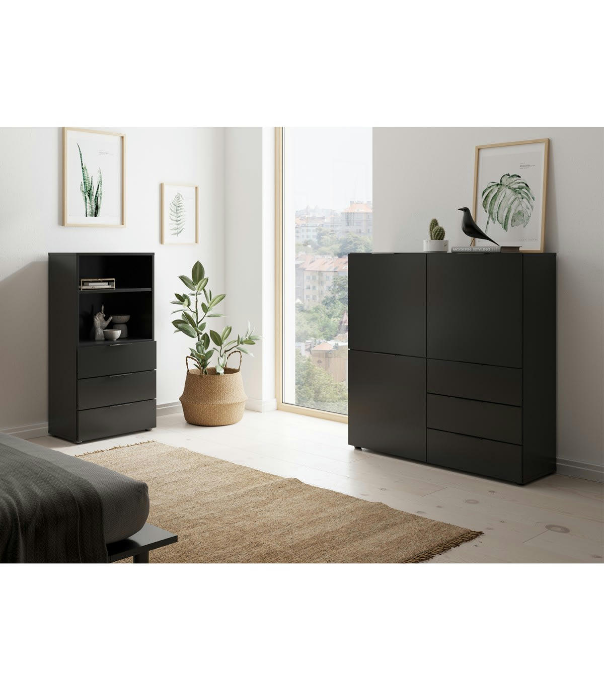 DARK - Commode 3 Tiroirs 2 Niches Ouvertes Noir - L49,7 cm