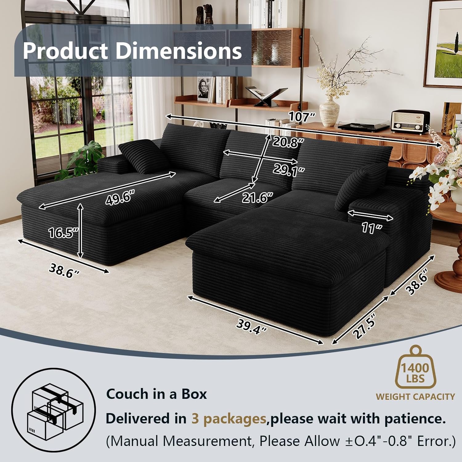 107 Cloud Couch Modular Sectional Sofa for Living Room, U-Shape Boneless Couch with Deep Seat, Modern Upholstered Corduroy 3-Seater with Ottoman, No Assembly Required (Black,Left-Facing Chaise)