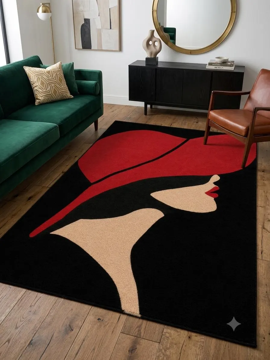 Hand Tufted Wool Abstract Area Rug, Black Red Cream Modern Art Design