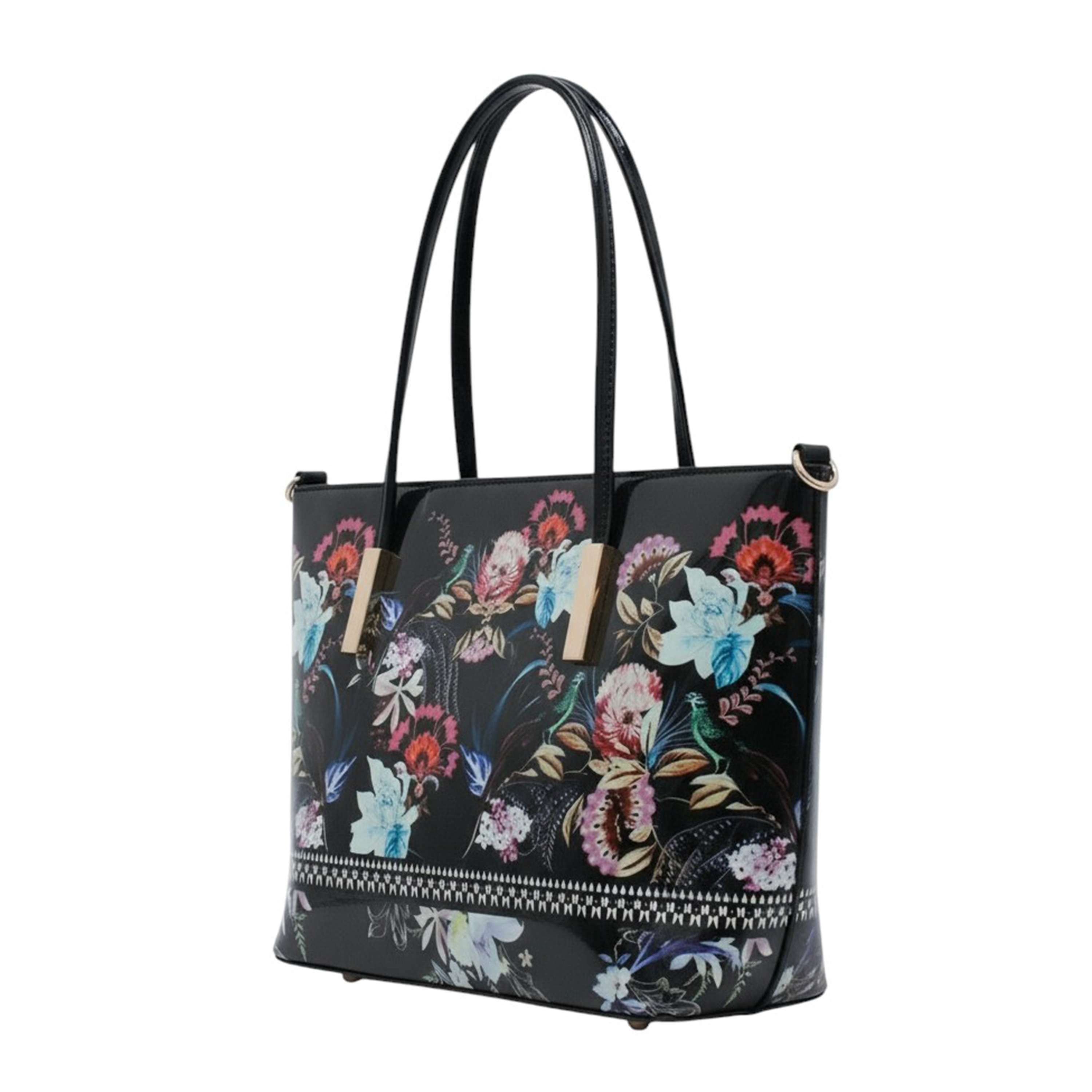 Kitise Floral Print Glossy Patent Faux Leather Tote Shoulder Handbag