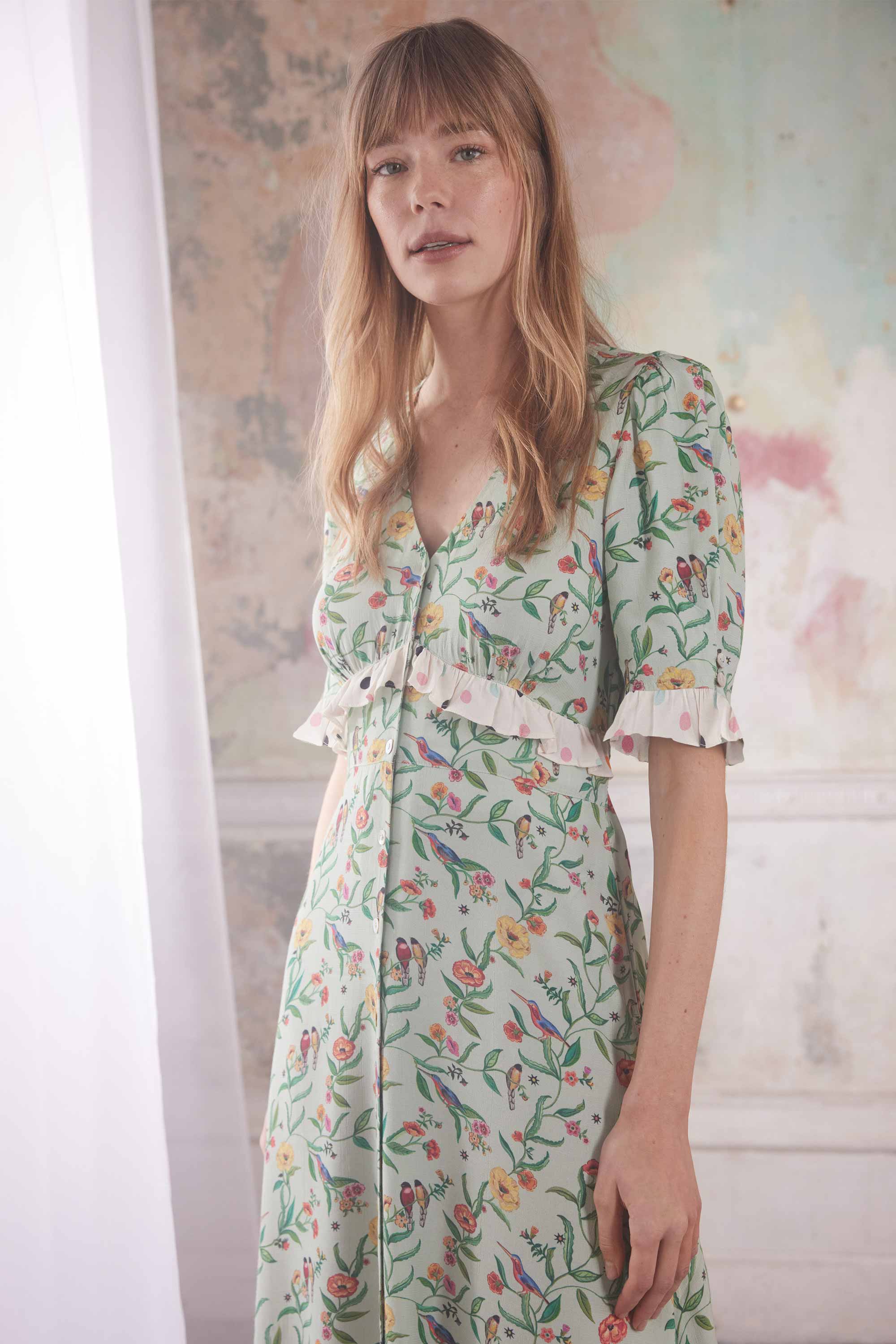Summer Birds Short Sleeve Ruffle Tea Dress