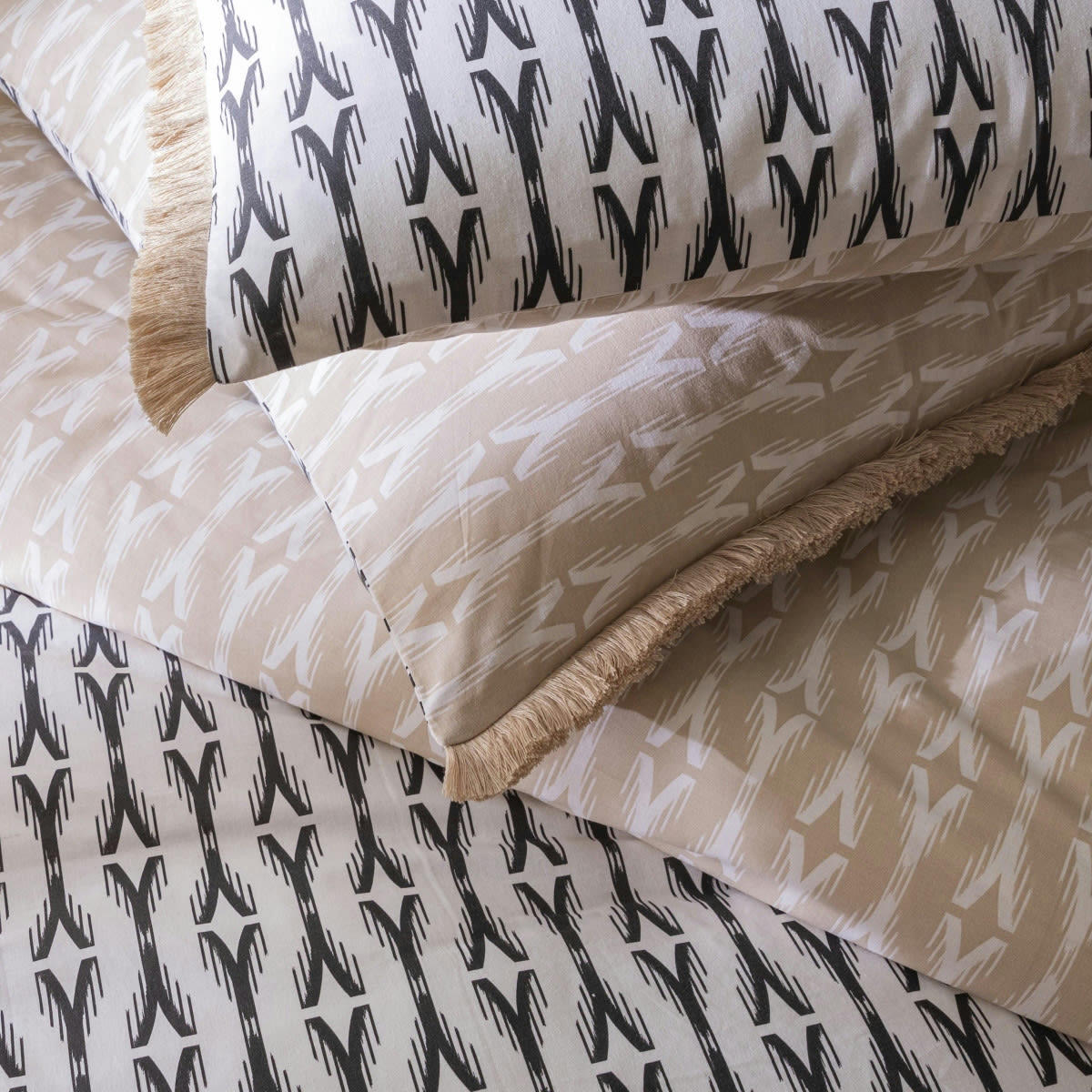NILS - Parure de lit 2 personnes coton  imprimé beige 260x240cm