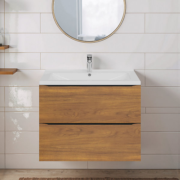 Meuble vasque suspendu effet noyer l.80 cm Imandra   plan vasque blanc céramique Nira, GoodHome