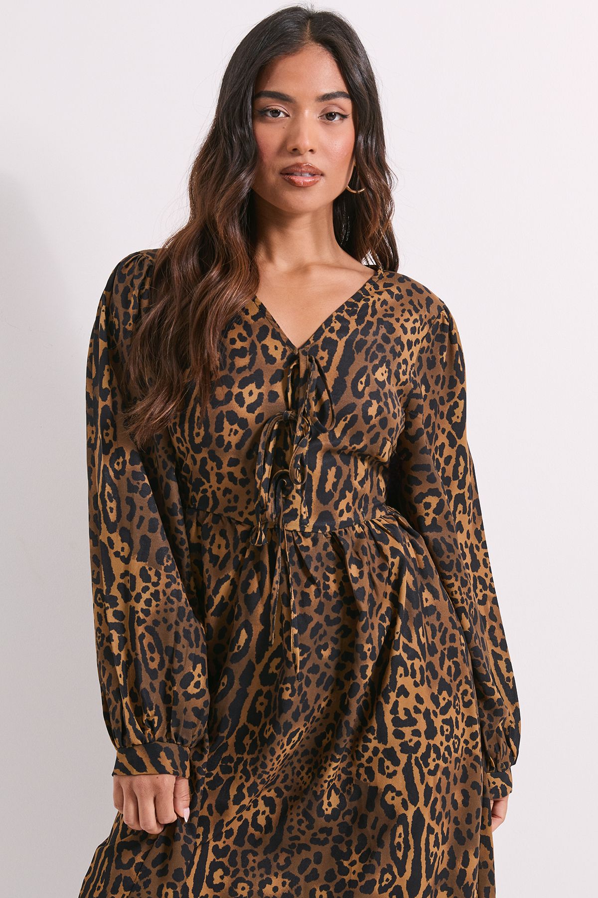 Dorothy Perkins Leopard Animal Petite Bow Front Blouson Sleeve Printed Midi Dress