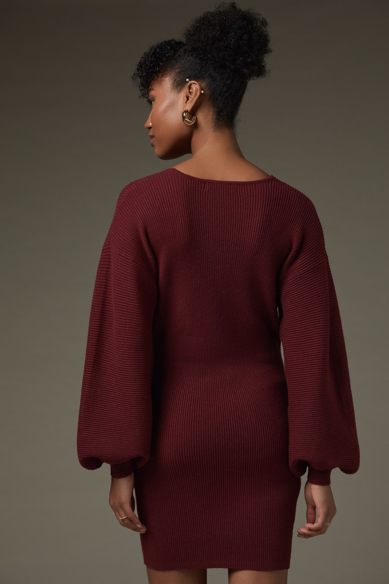 Maria Balloon Sleeve Sweater Dress Burgundy