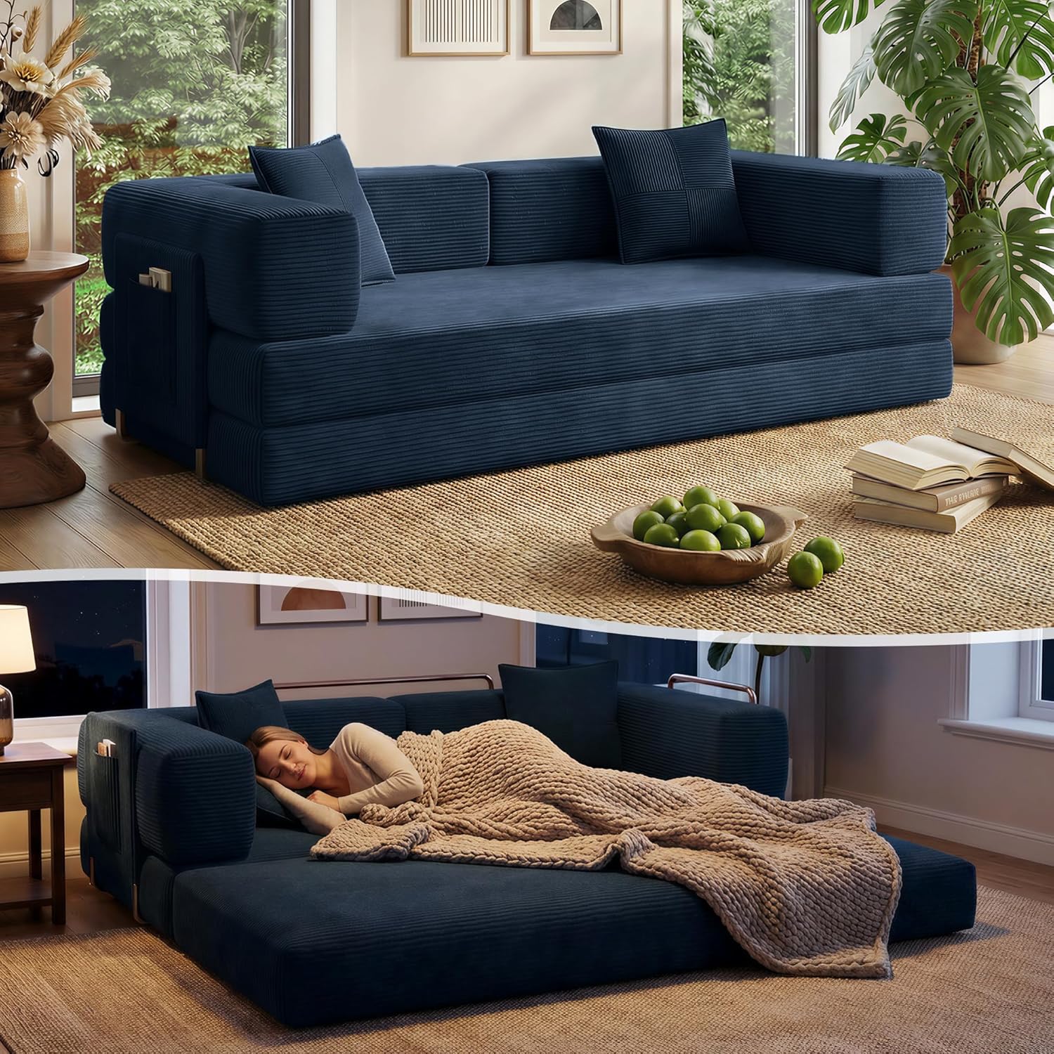 78.8 Convertible Sofa Bed with Armrest Pillow, 4-in-1 Sleeper Couch Bed for Livingroom, Modular Corduroy Boneless couches, No Assembly (Blue)