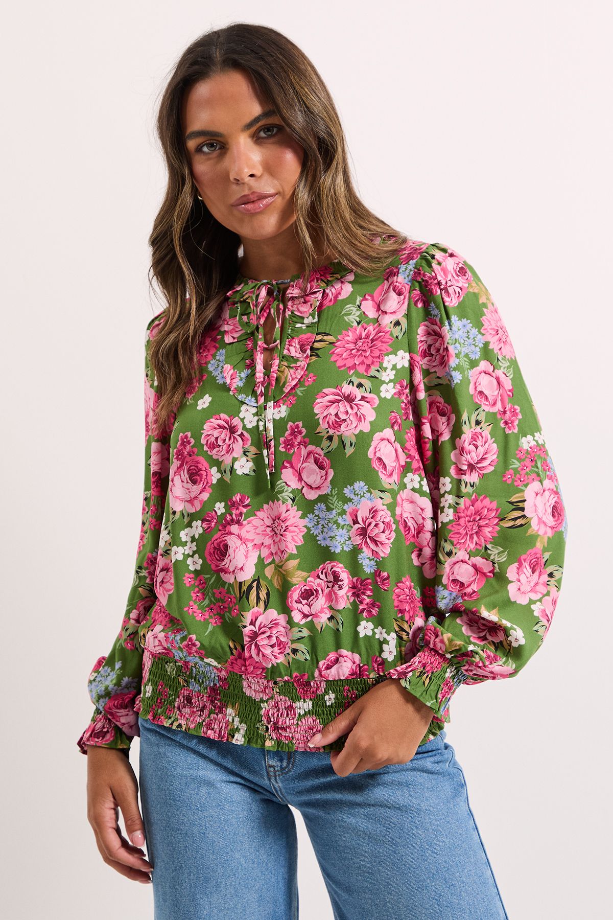 Dorothy Perkins Floral Shirred Hem Tie Front Long Sleeve Top