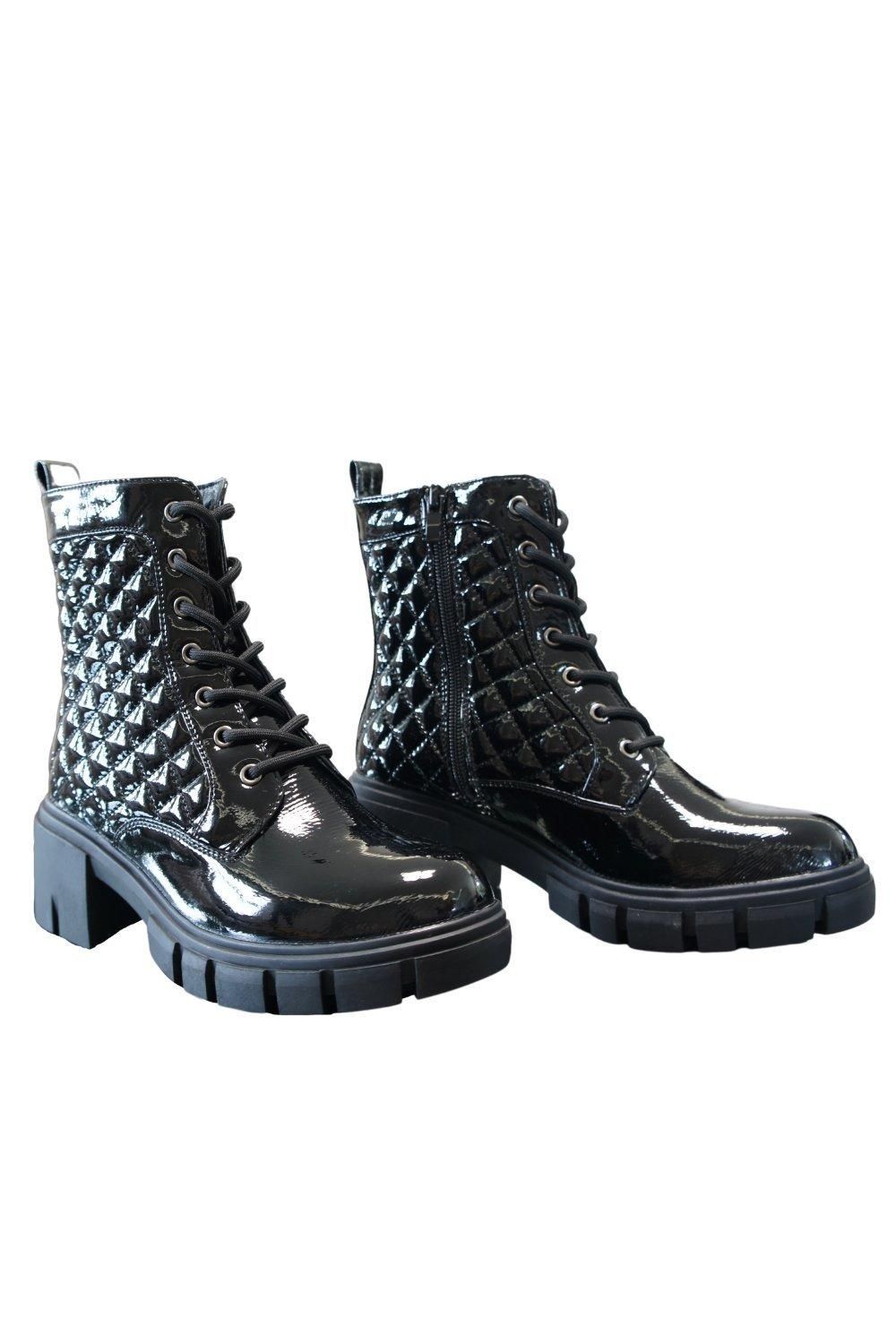 IVACHY Black Quilted Patent Zip Closure Chunky Block Heel Ankle Boots