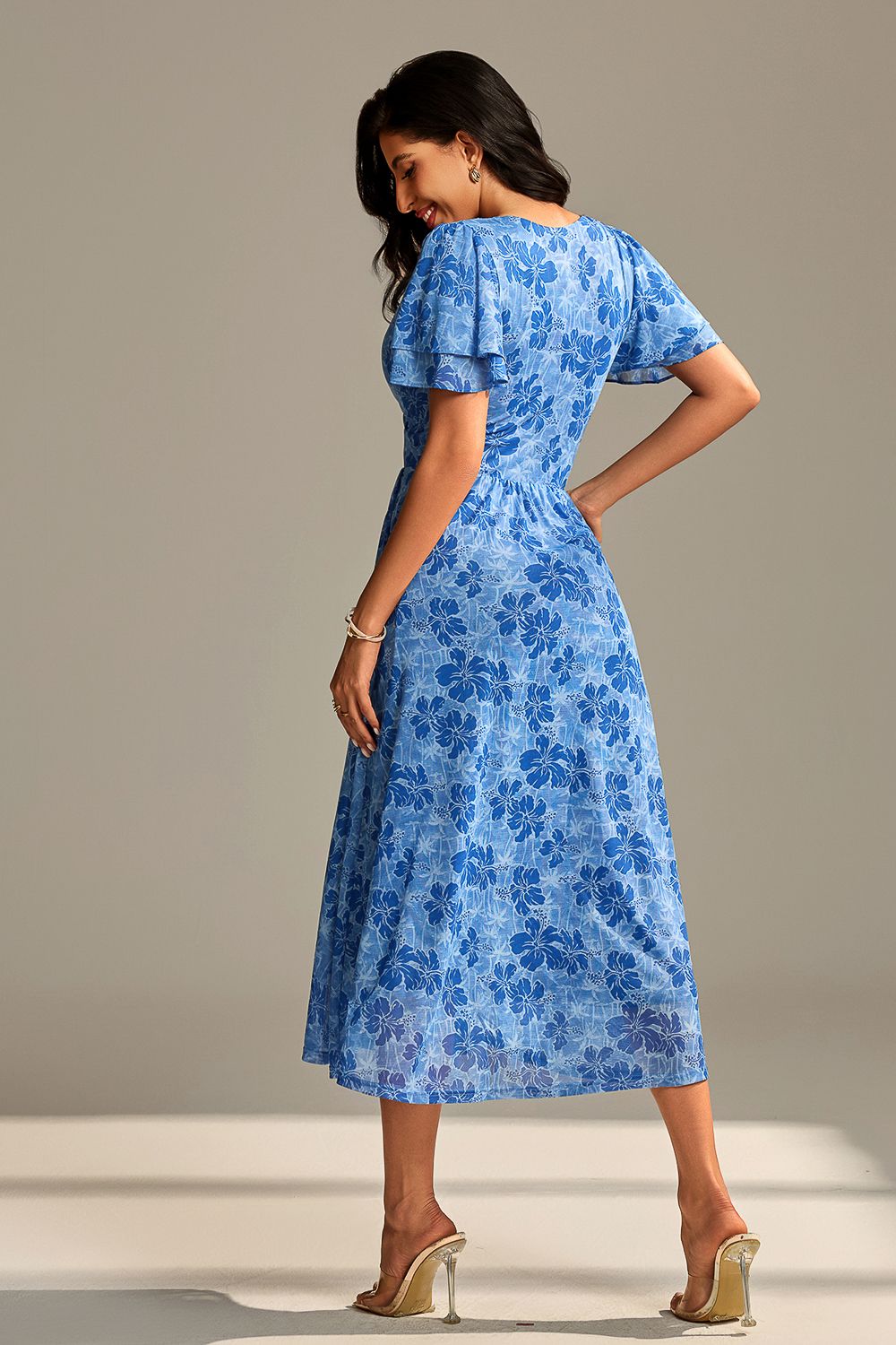 Jolie Moi Flutter Sleeve Mesh Maxi Dress