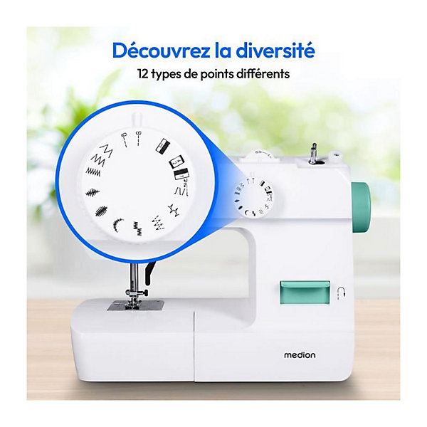 Machine à coudre MEDION SM70 12 points Turquoise Blanc 70W LED 700 trmin