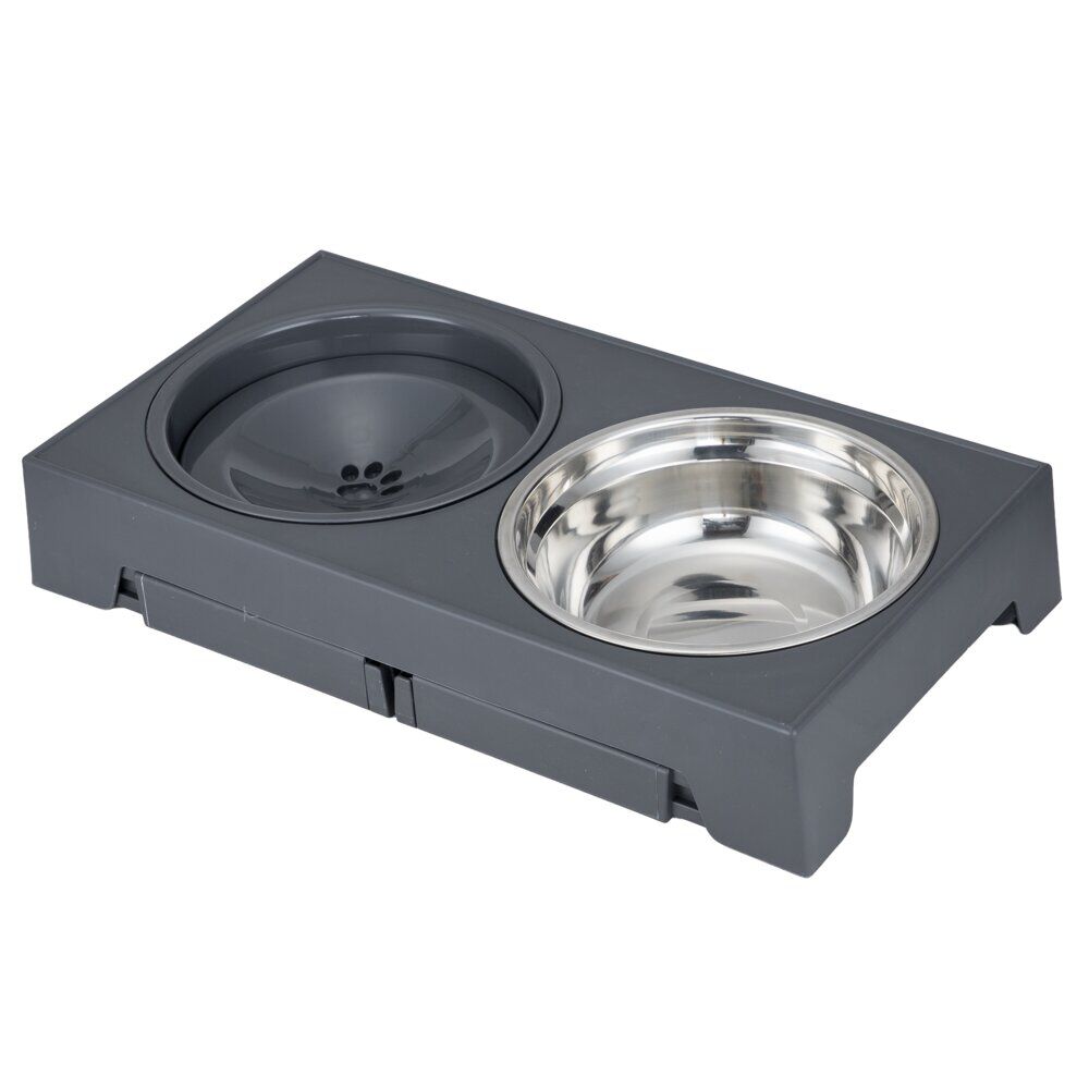 Gamelle double 4 positions inox gris et support plastique noir L42.5cm