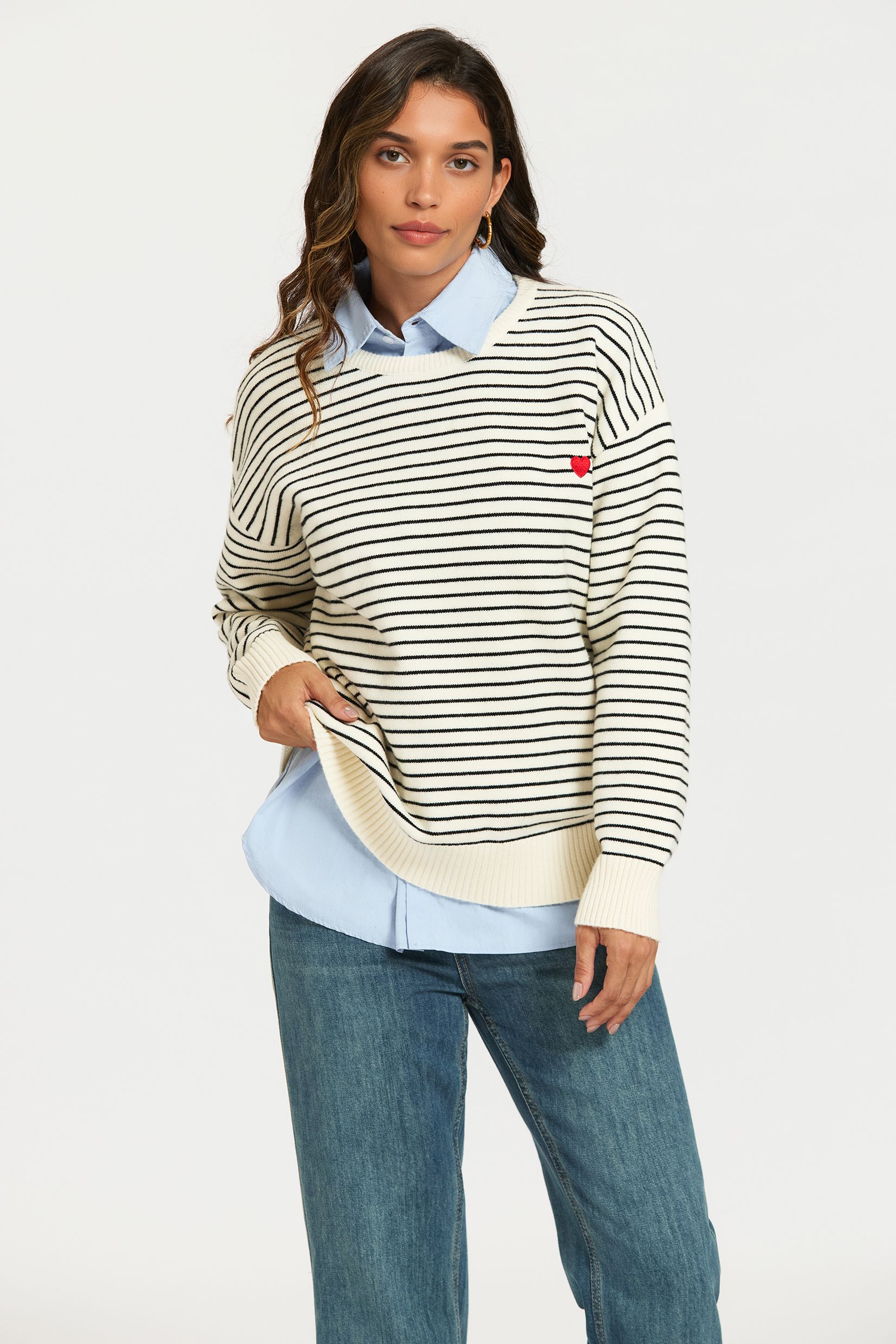 FS Collection Little Heart Embroidery Stripe Pattern Jumper Top In White